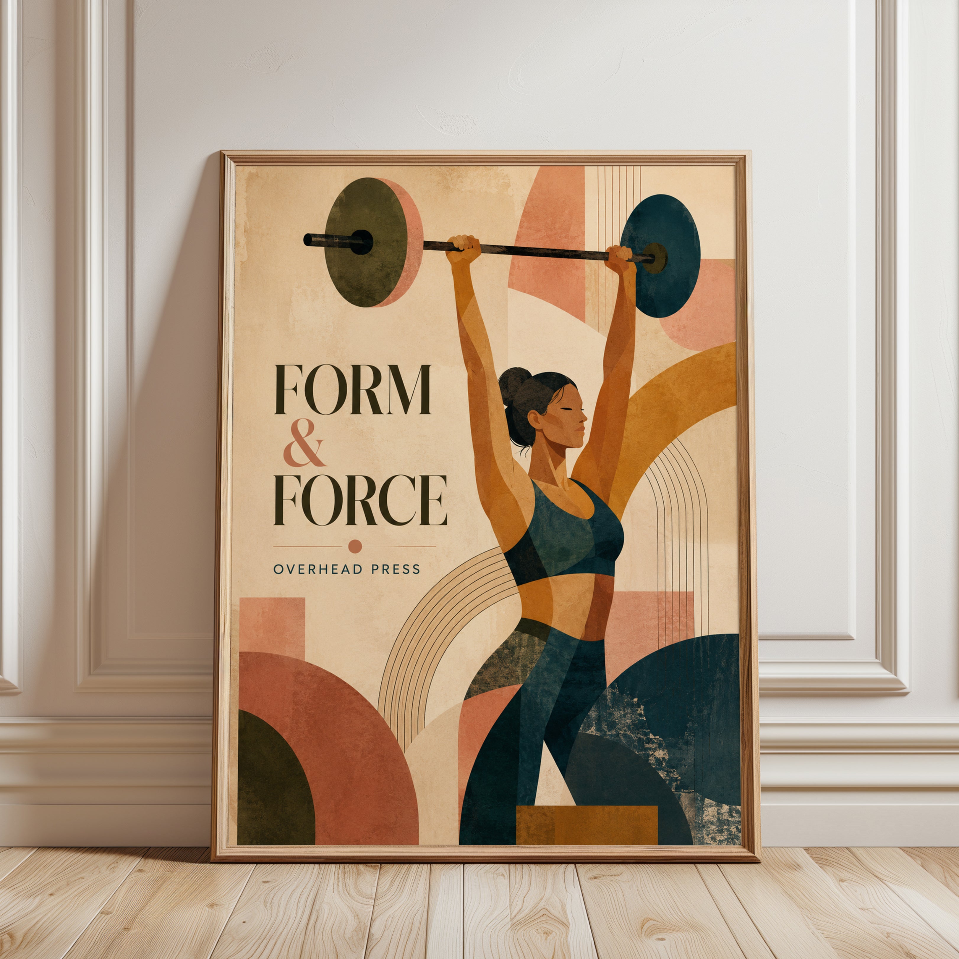 Female Weightlifter Art Print: Art Deco Fitness Poster - framed detail