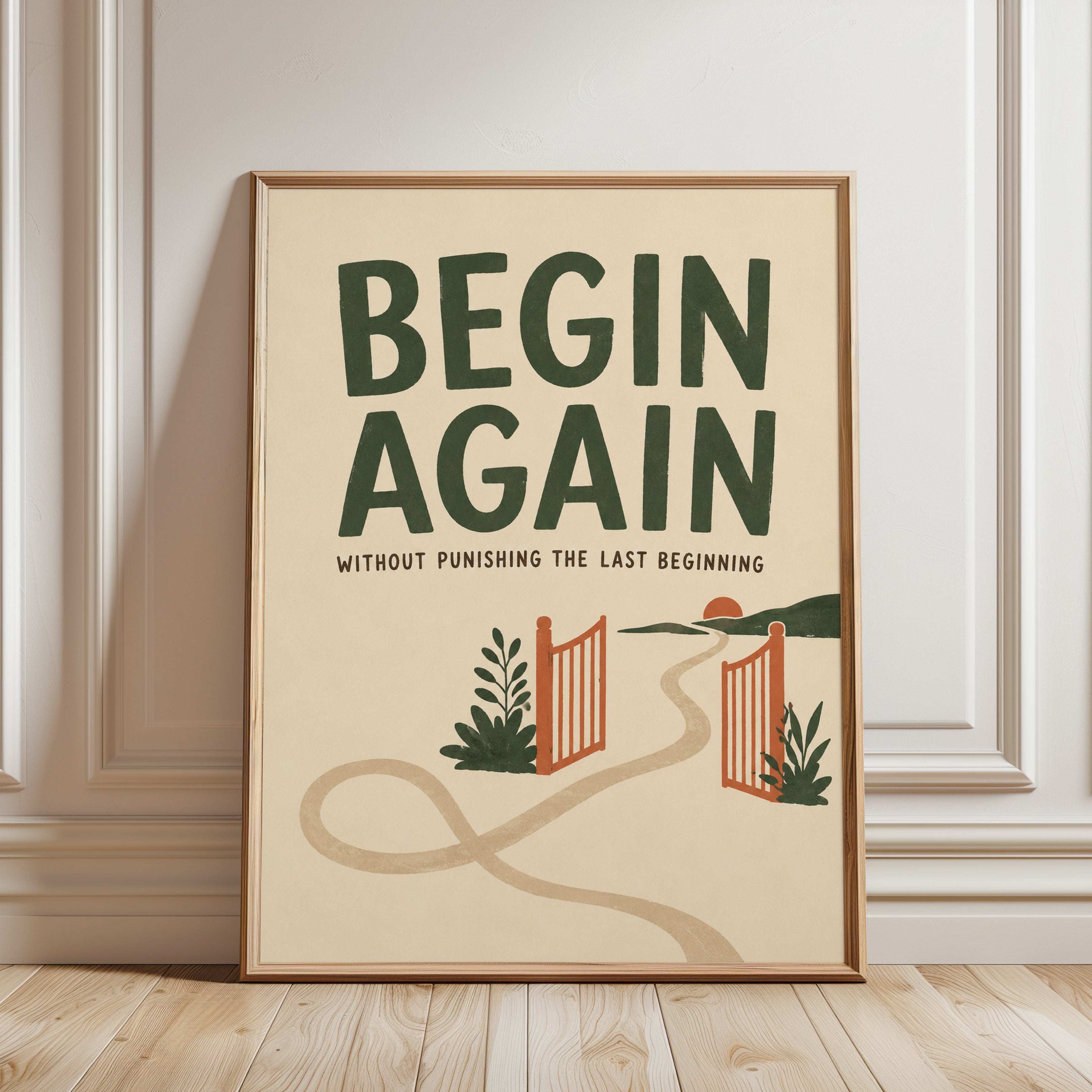 Begin Again Motivational Print: Retro Typography Wall Art - framed detail