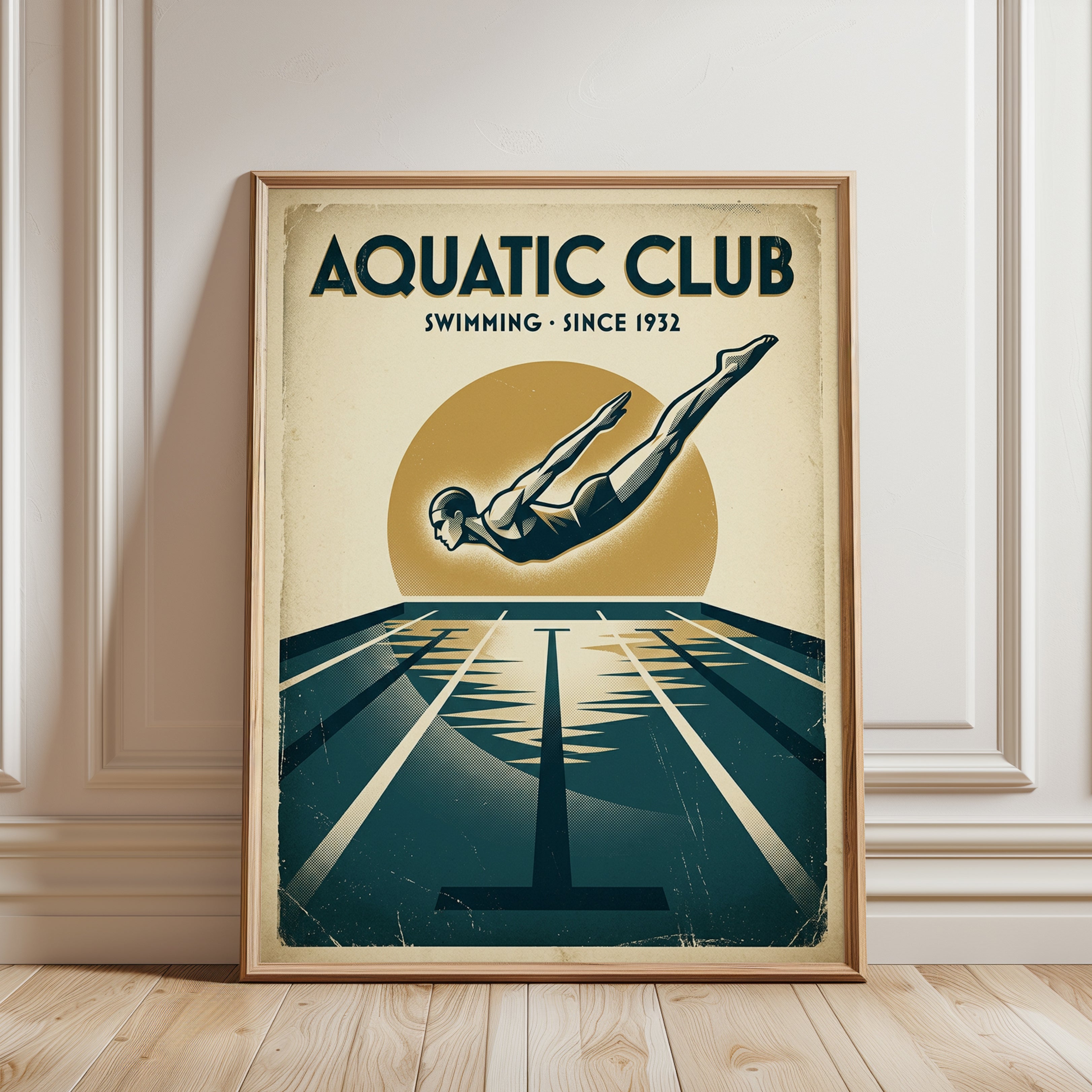 Vintage Swimming Pool Poster: Art Deco Aquatic Club Print - framed detail
