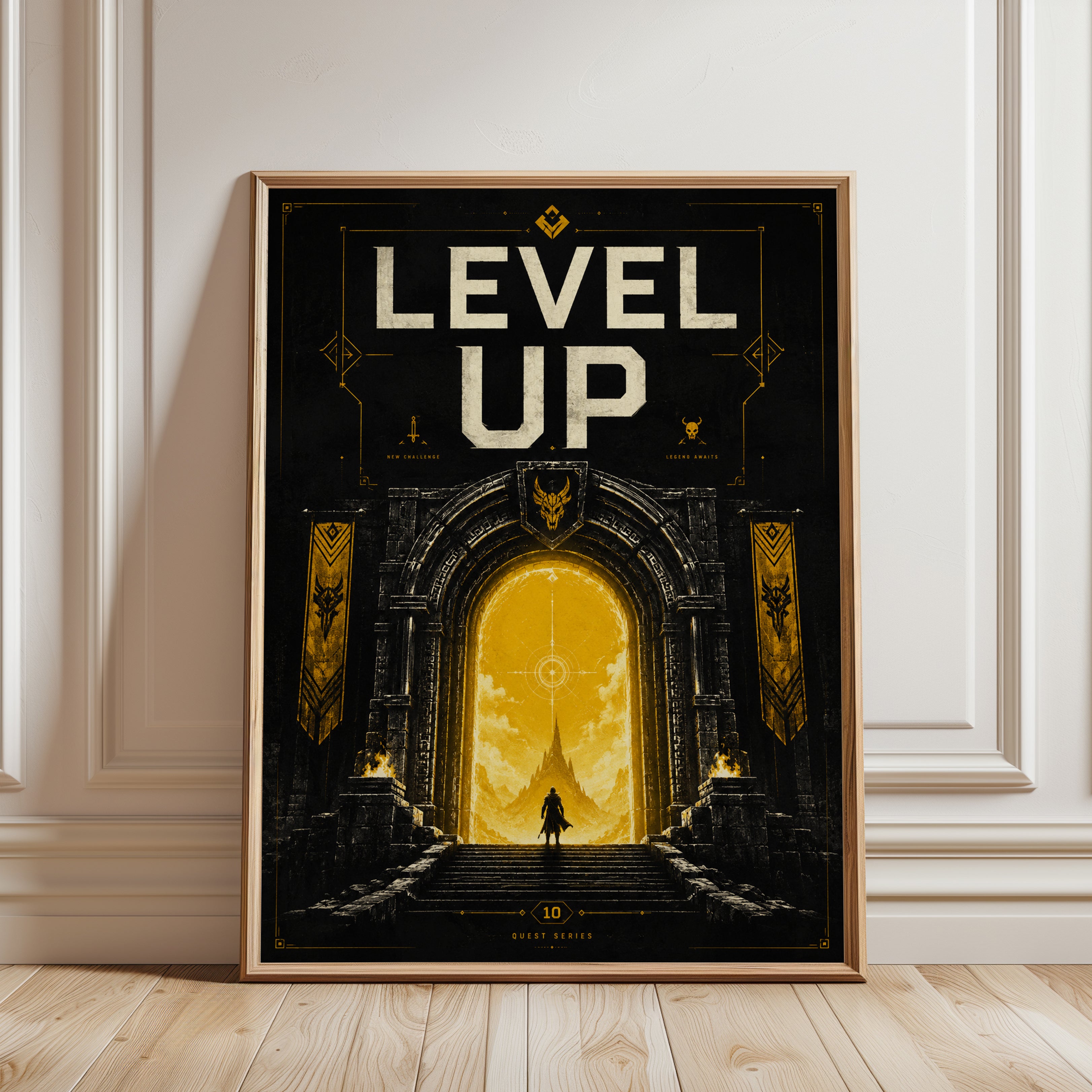 Level Up Gaming Poster: Art Deco Fantasy Portal in Gold and Black - framed detail