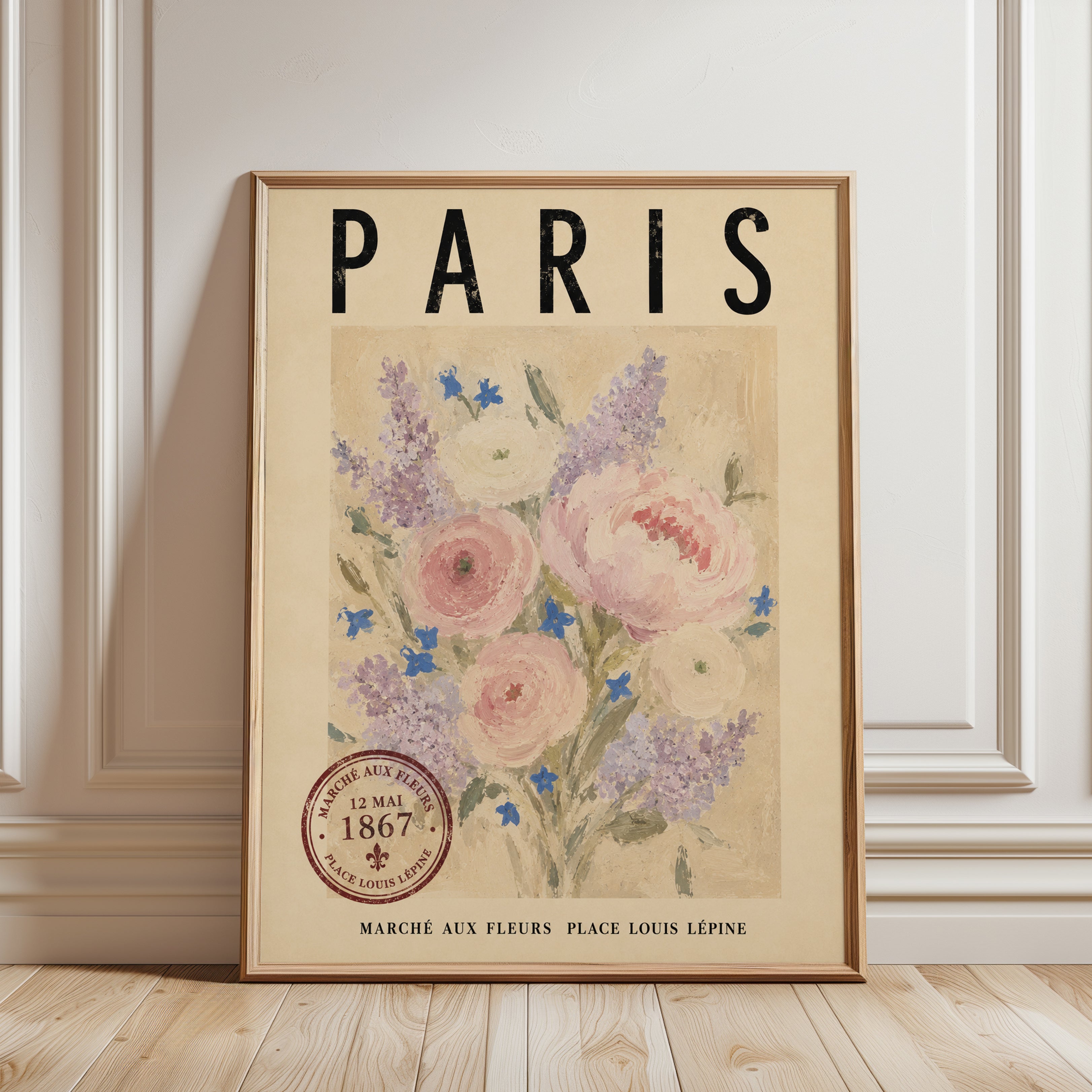 Paris Travel Poster – Vintage Floral Market Print - framed detail