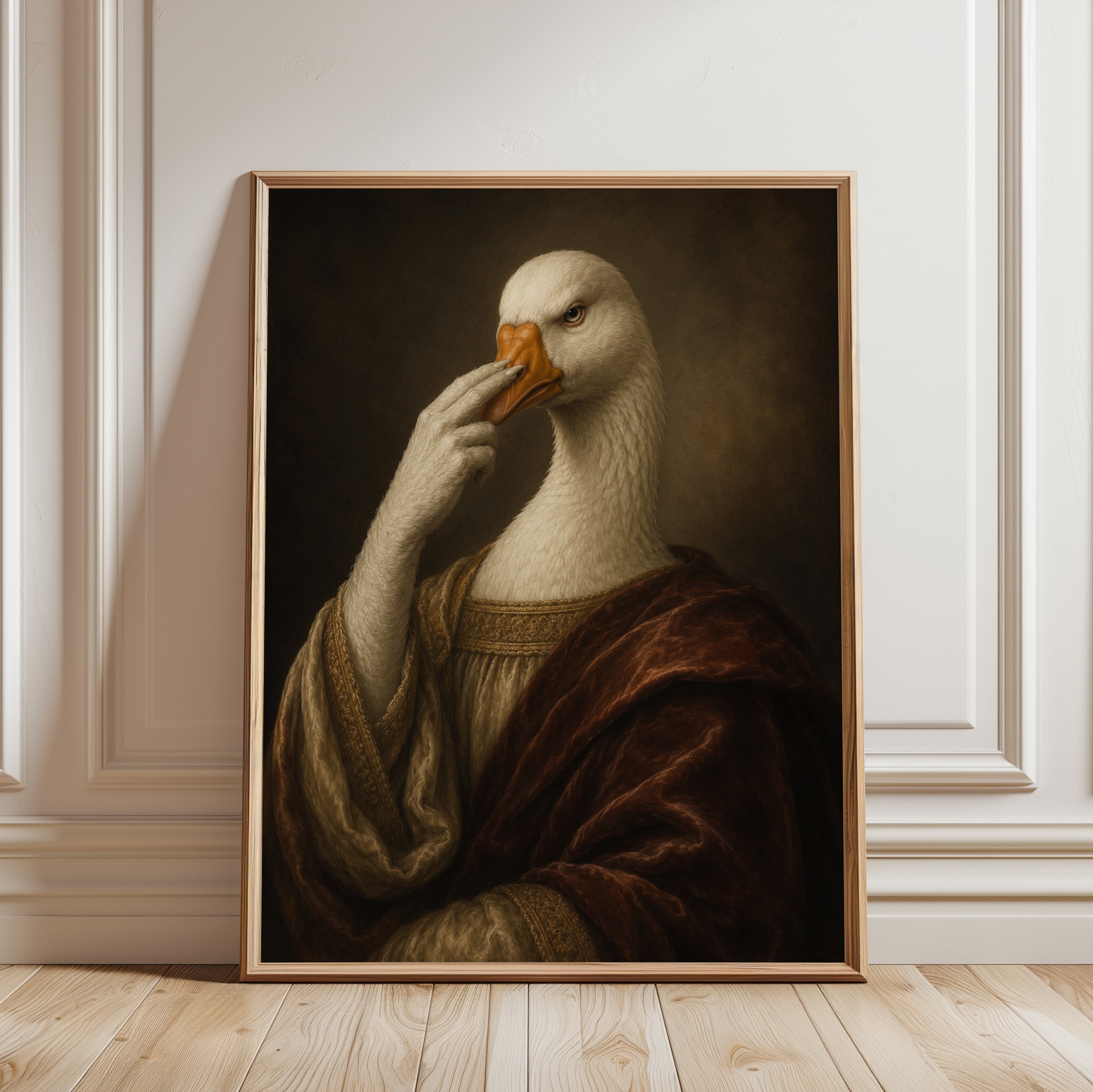 Funny Bathroom Poster Anthropomorphic Renaissance Goose Portrait - framed detail