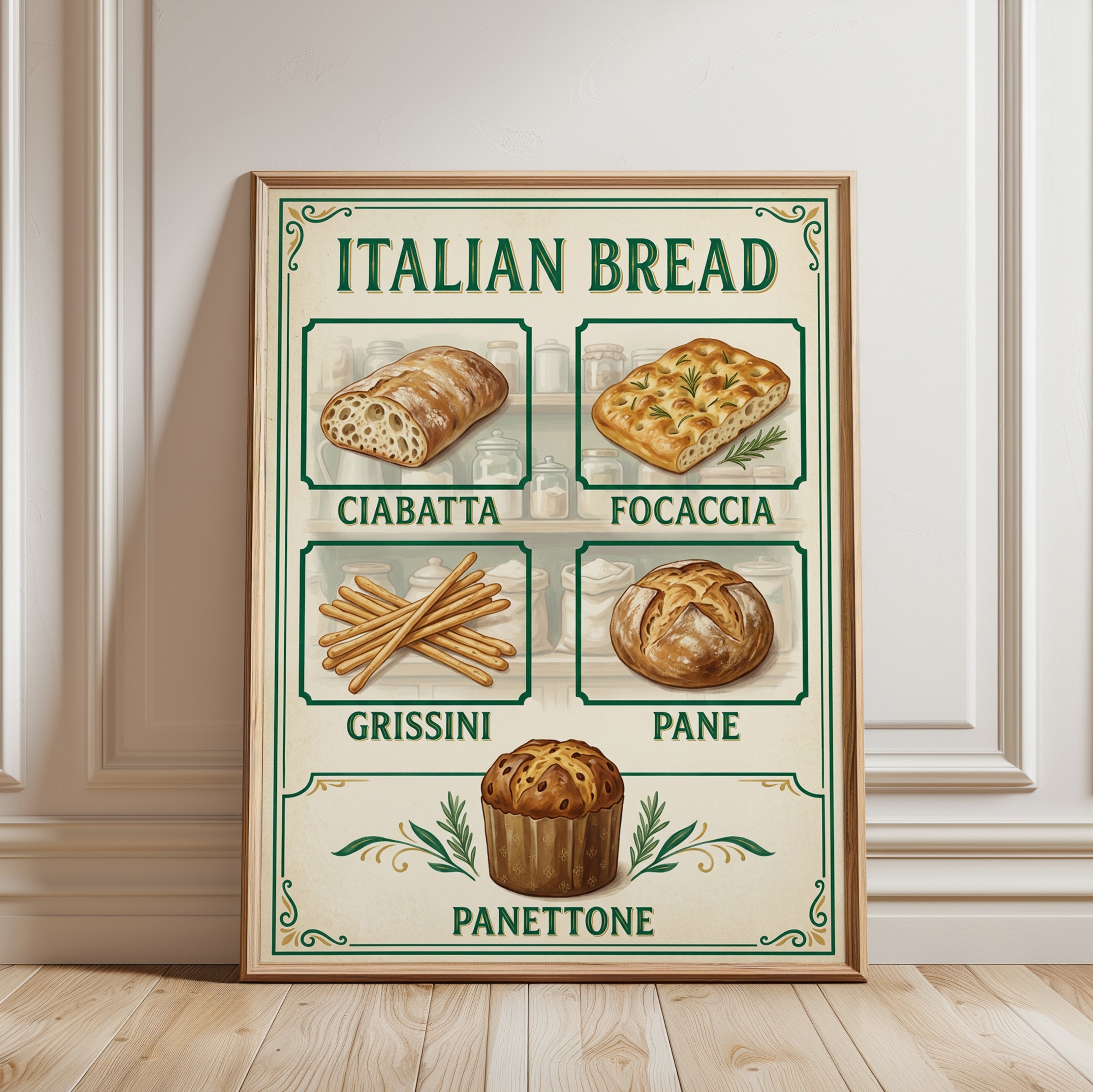 Italian Bread Poster — Vintage Bakery Illustration - framed detail