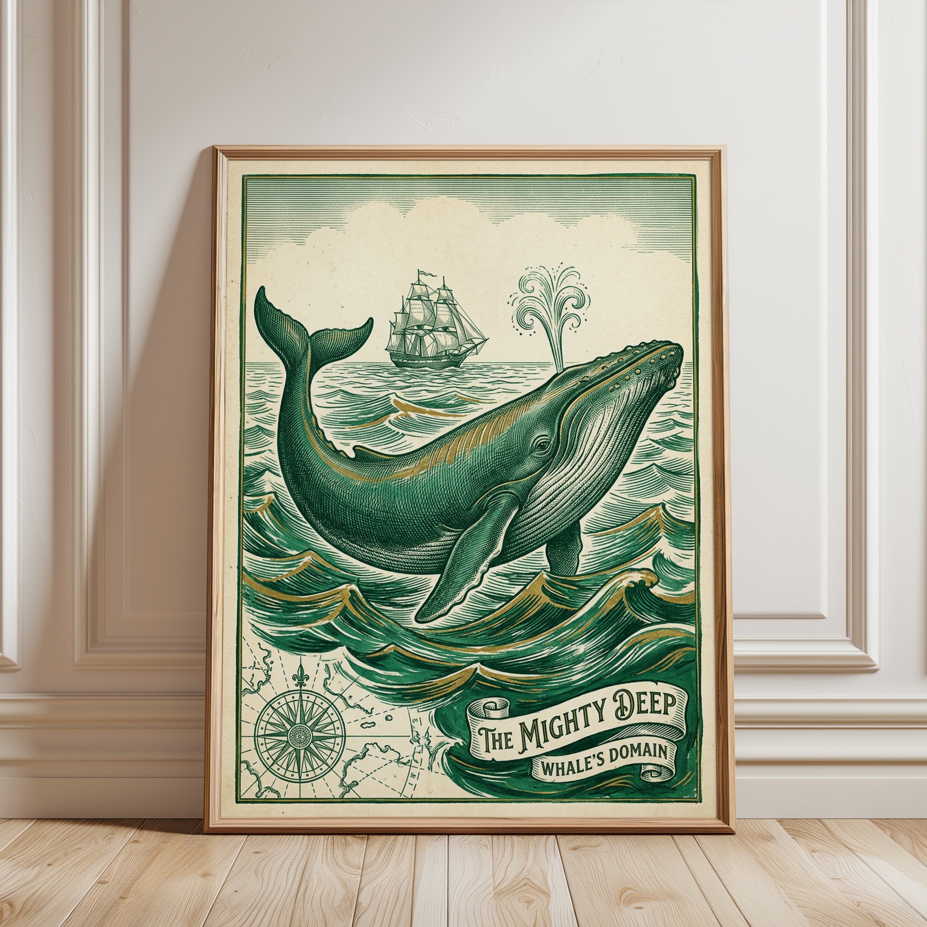 Whale Wall Art: Vintage Nautical Print - framed detail
