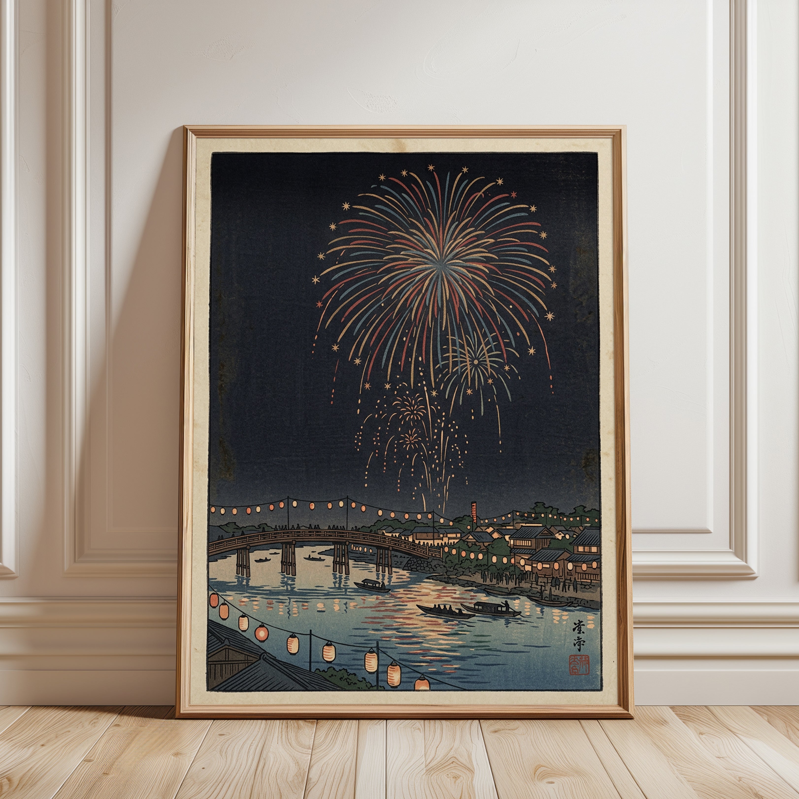 Japanese Fireworks Over River Print: Edo Period Woodblock Art - framed detail