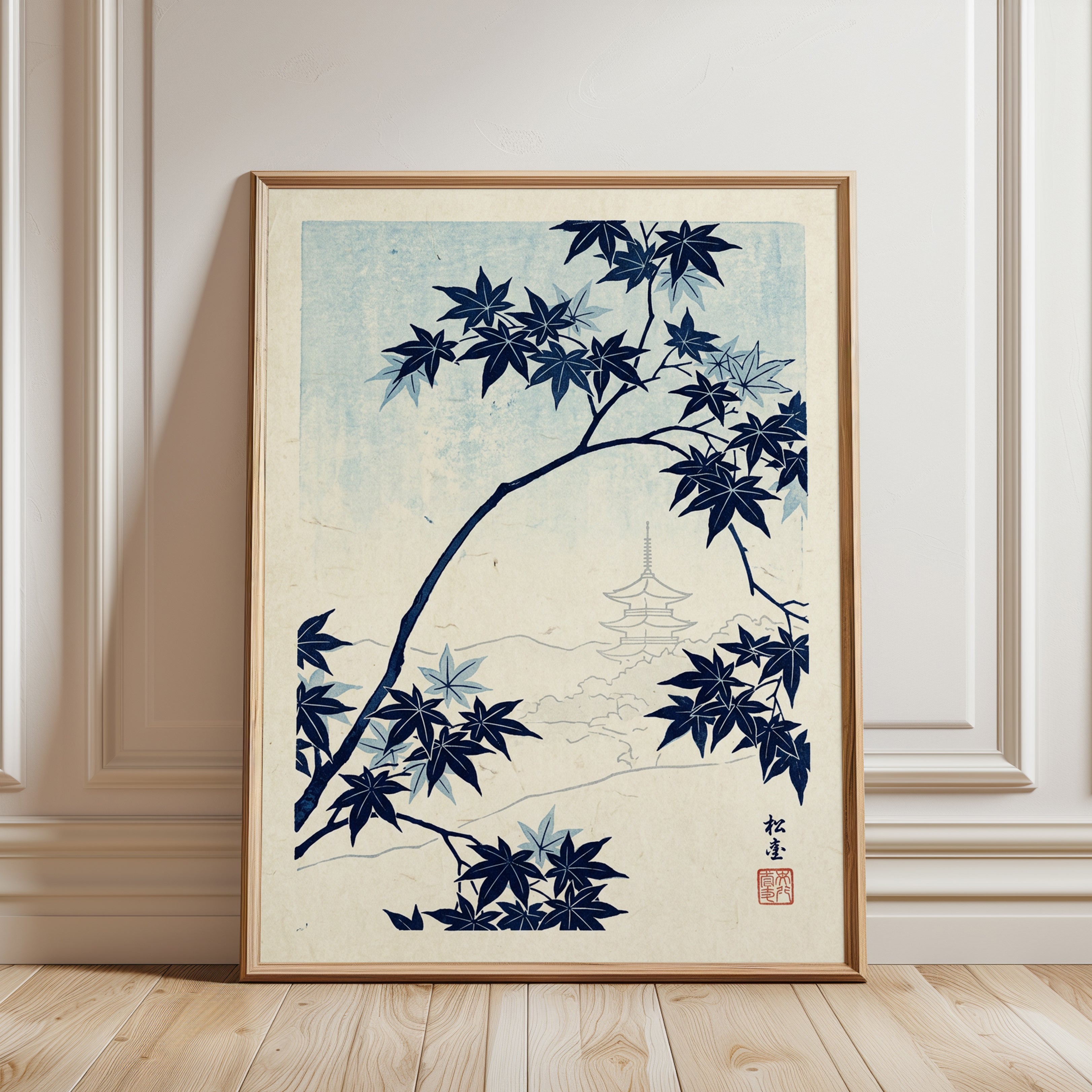 Japanese Maple and Pagoda Print: Indigo Blue Woodblock Style Art - framed detail