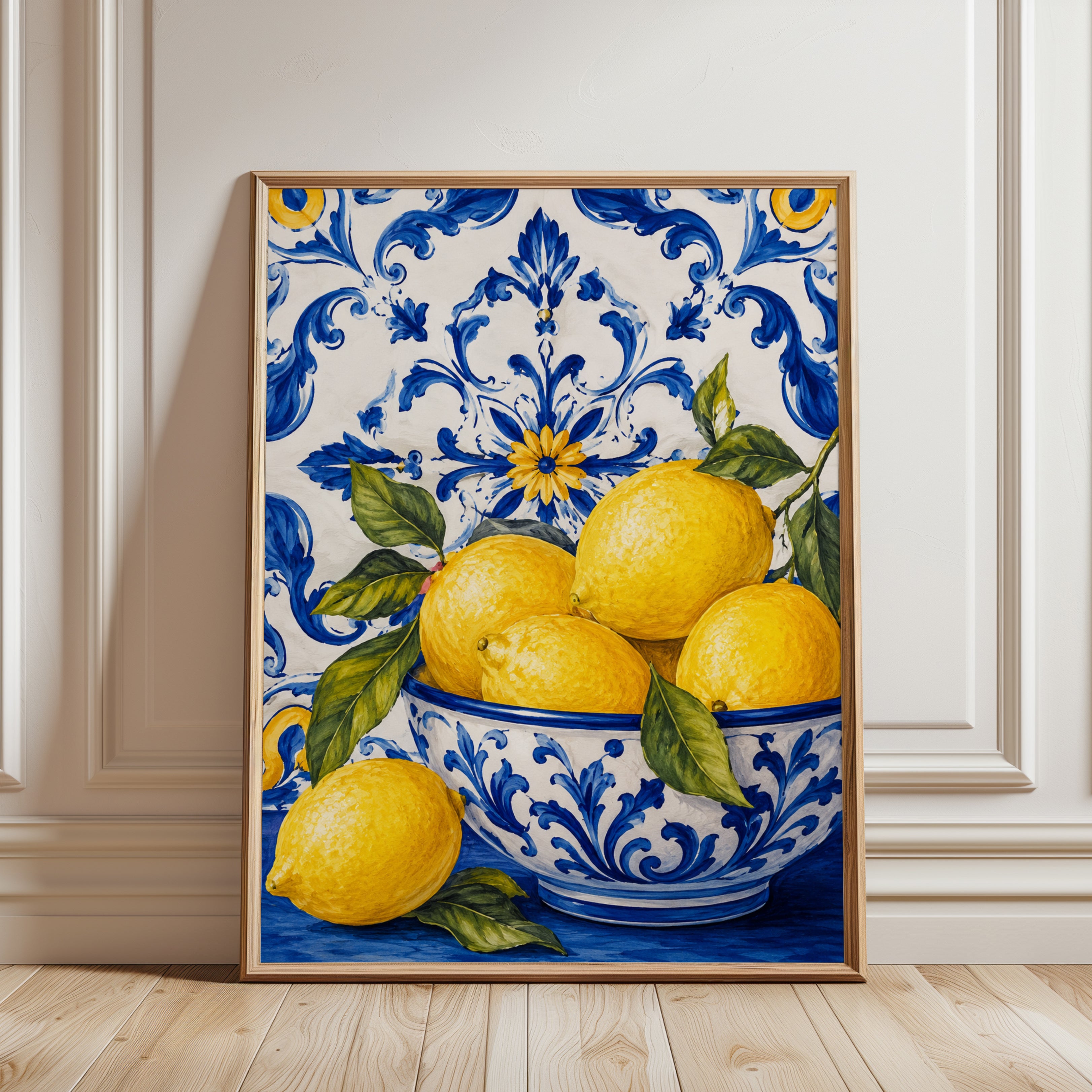 Mediterranean Lemons Art Print: Blue Majolica Tile Pattern - framed detail