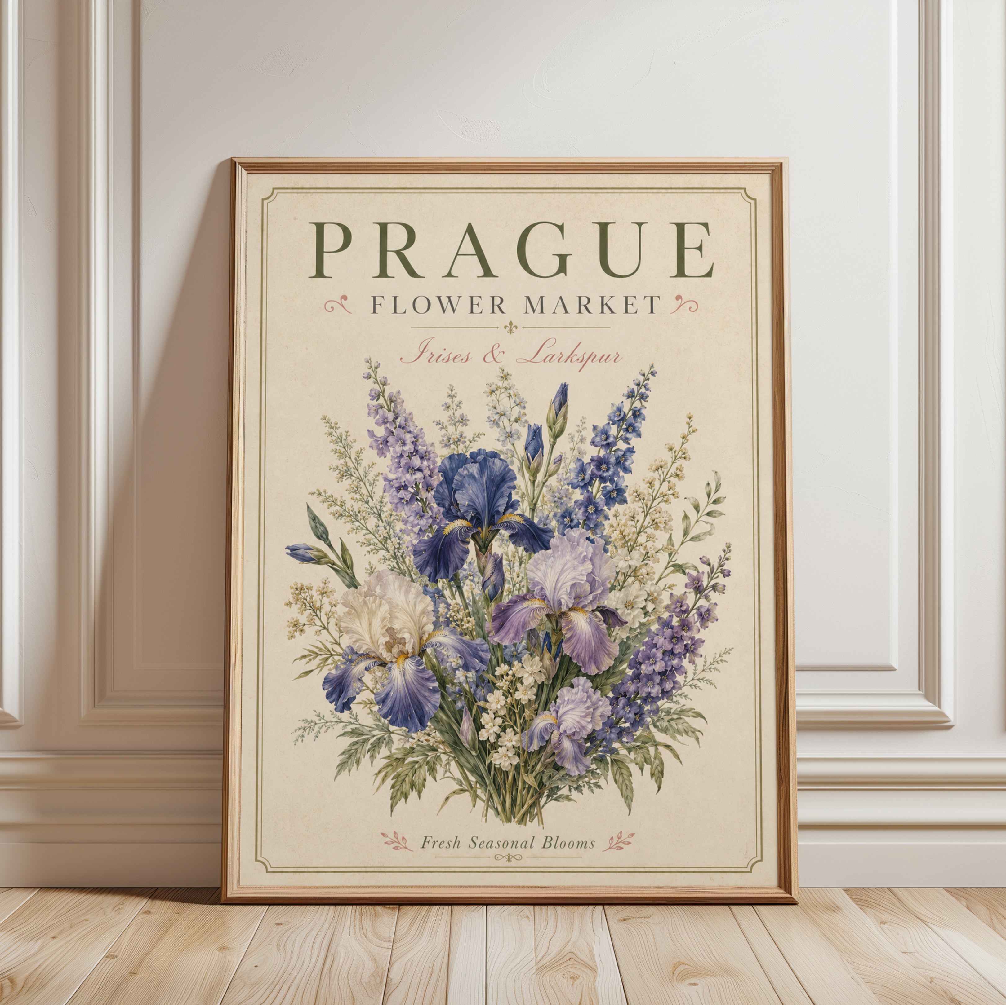 Prague Flower Market Print — Vintage Botanical Iris & Larkspur - framed detail