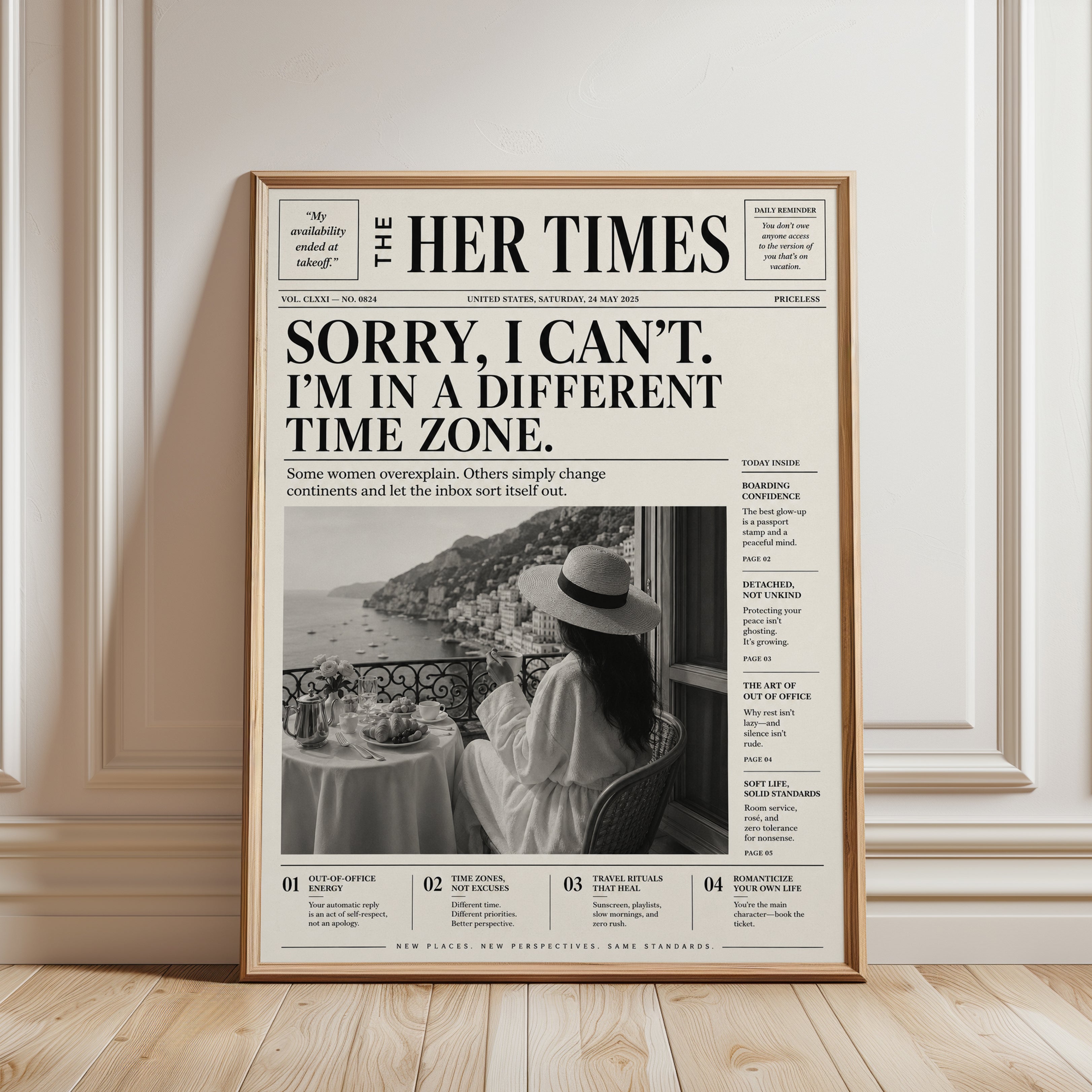 Her Times Newspaper Print: Vintage Coastal Vacation Wall Art - framed detail
