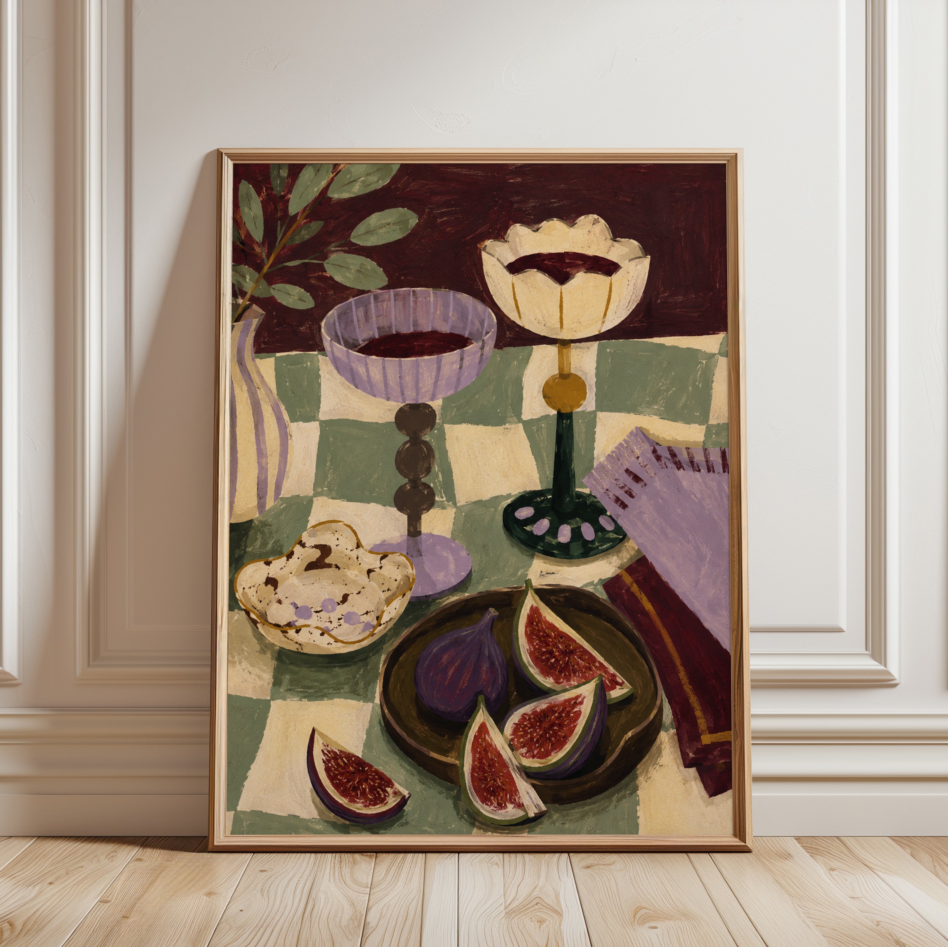 Still Life with Figs and Goblets: Modernist Table Setting Art - framed detail