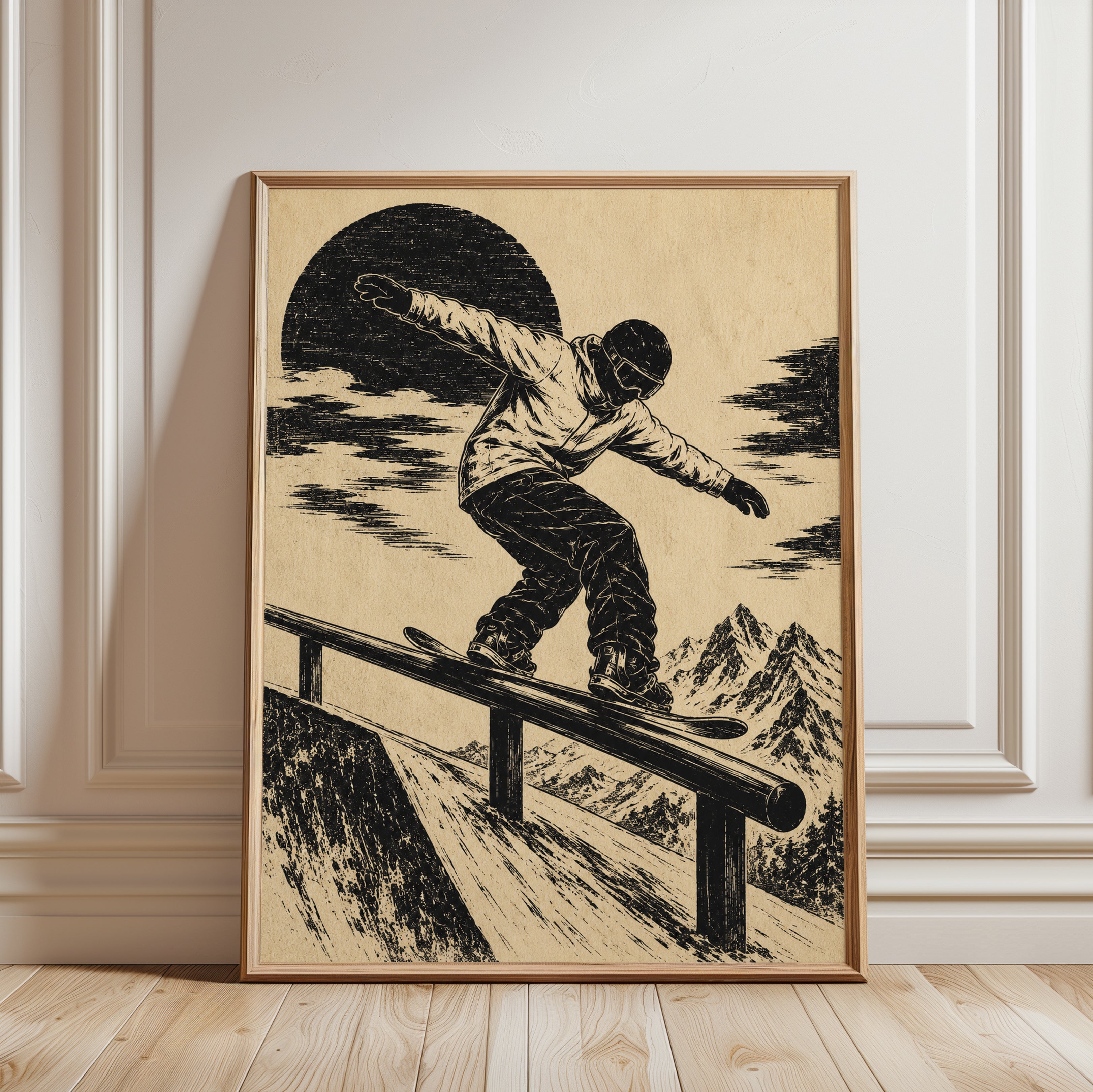 Snowboarder Rail Slide Print: Vintage Woodcut Mountain Sports Art - framed detail