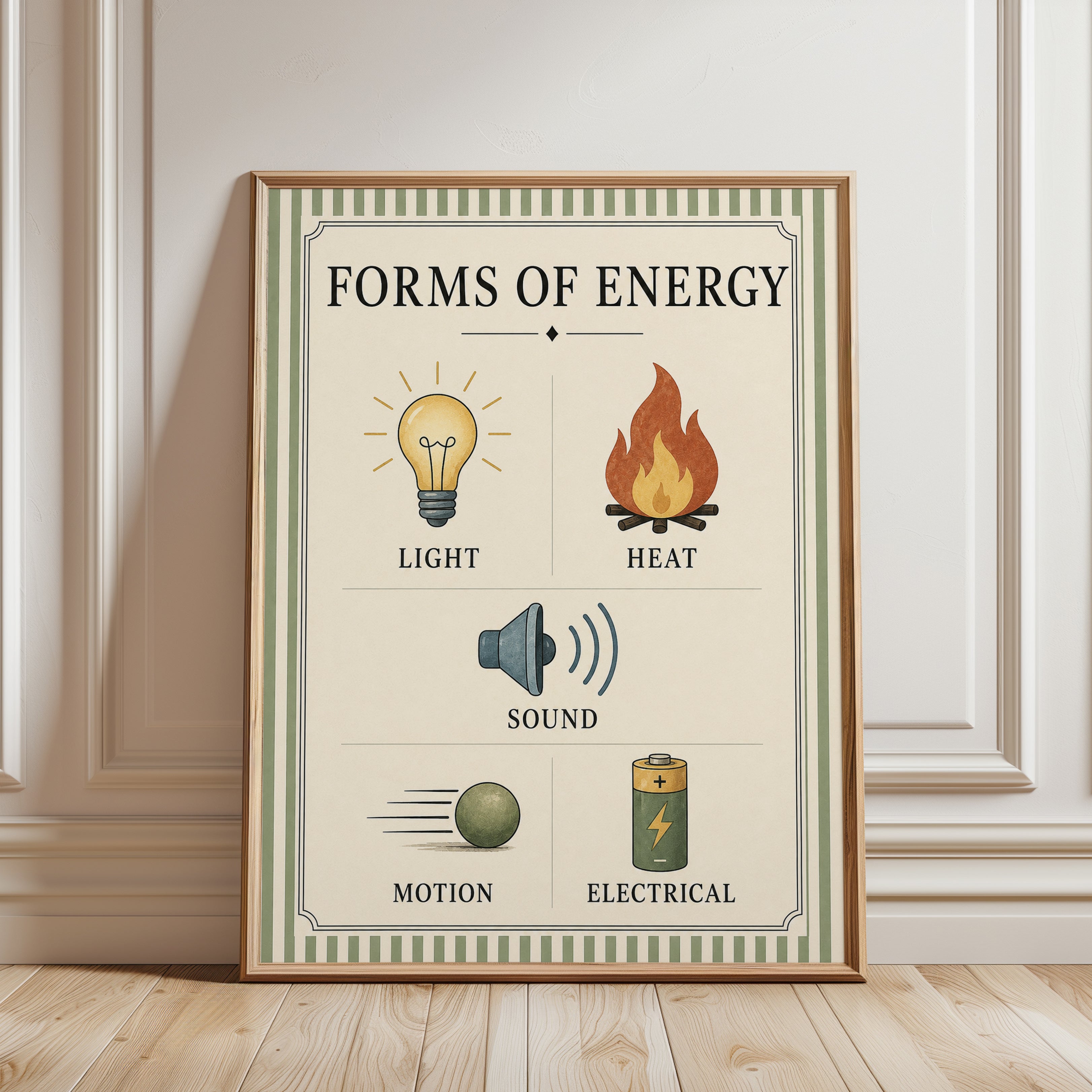 Forms of Energy Educational Poster: Vintage Science Diagram Print - framed detail