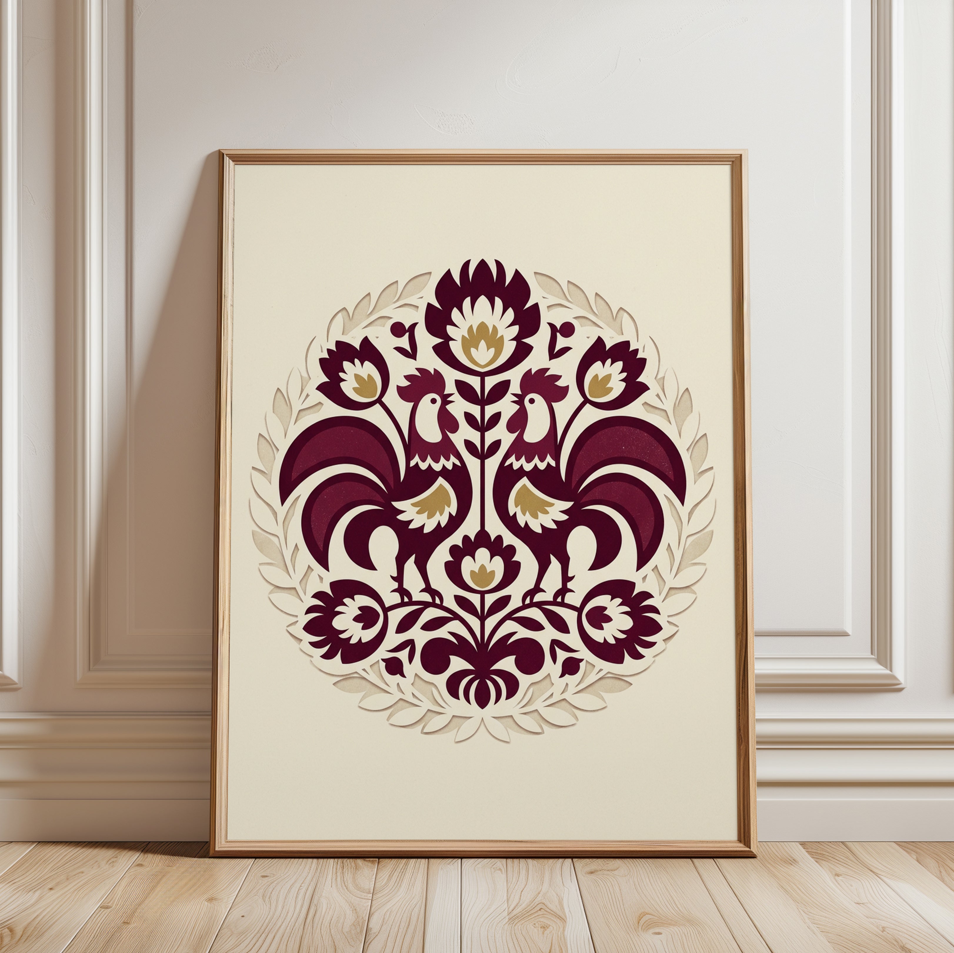 Folk Art Roosters Print: Burgundy Symmetrical Floral Design - framed detail