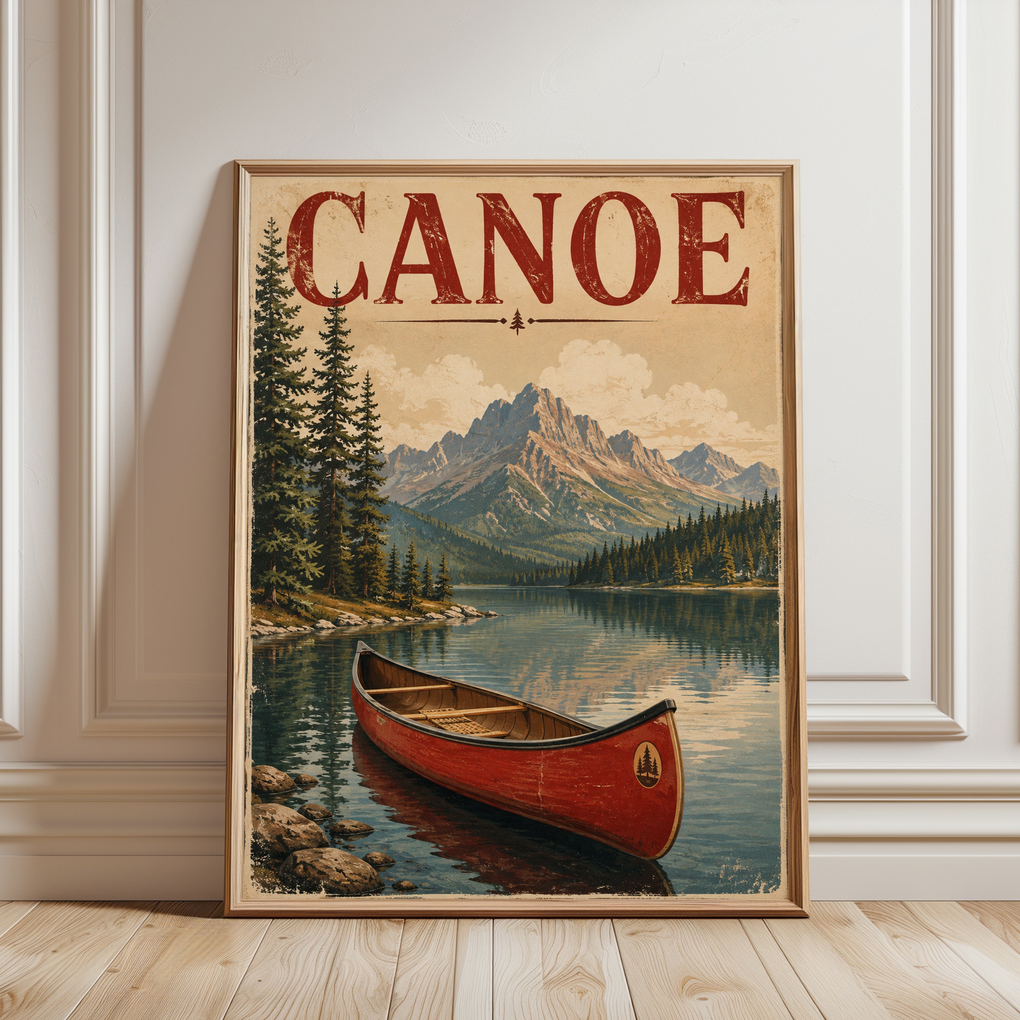 Vintage Canoe Mountain Lake Poster: Retro Wilderness Travel Art - framed detail