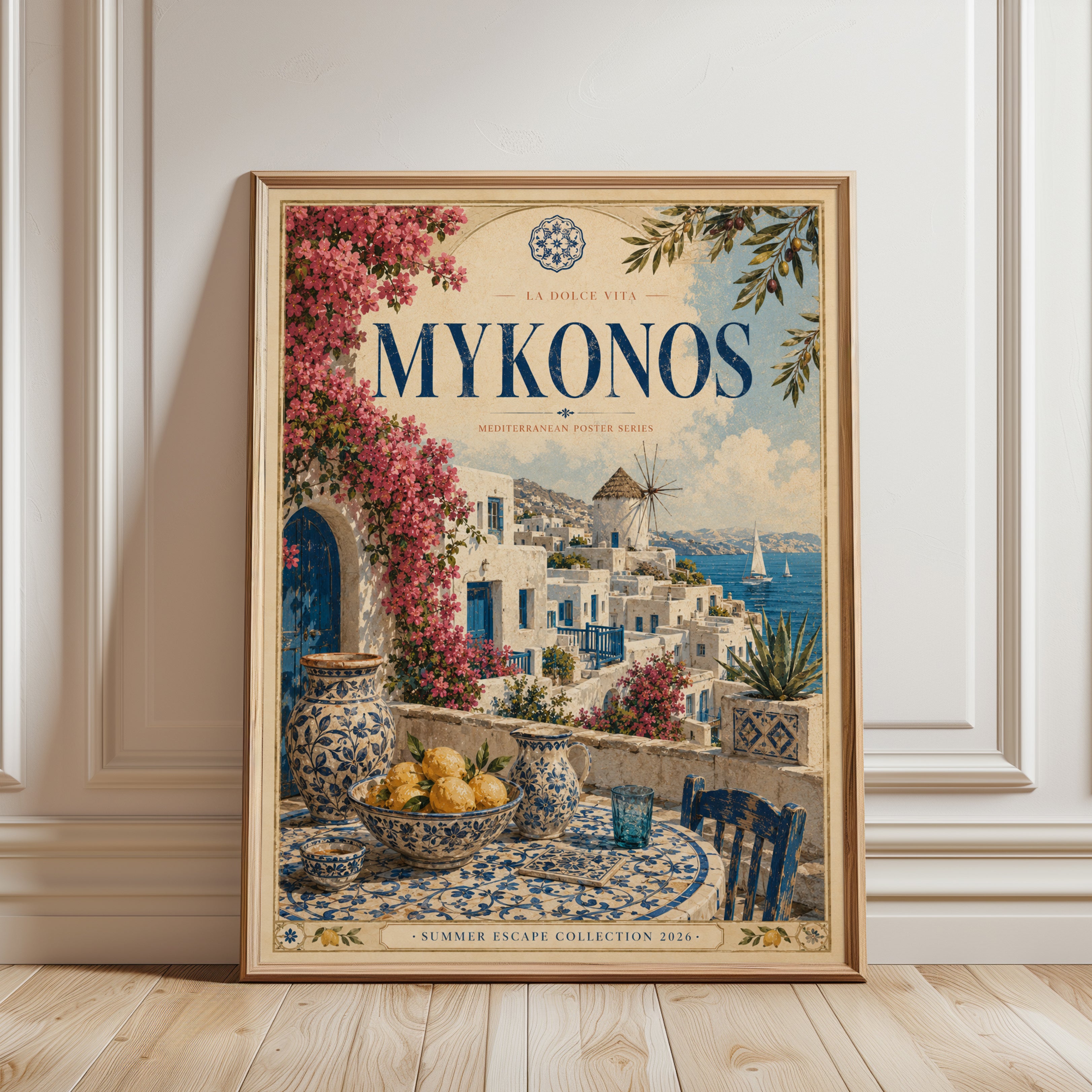 Mykonos Greek Island Travel Poster: Mediterranean Coastal Art - framed detail