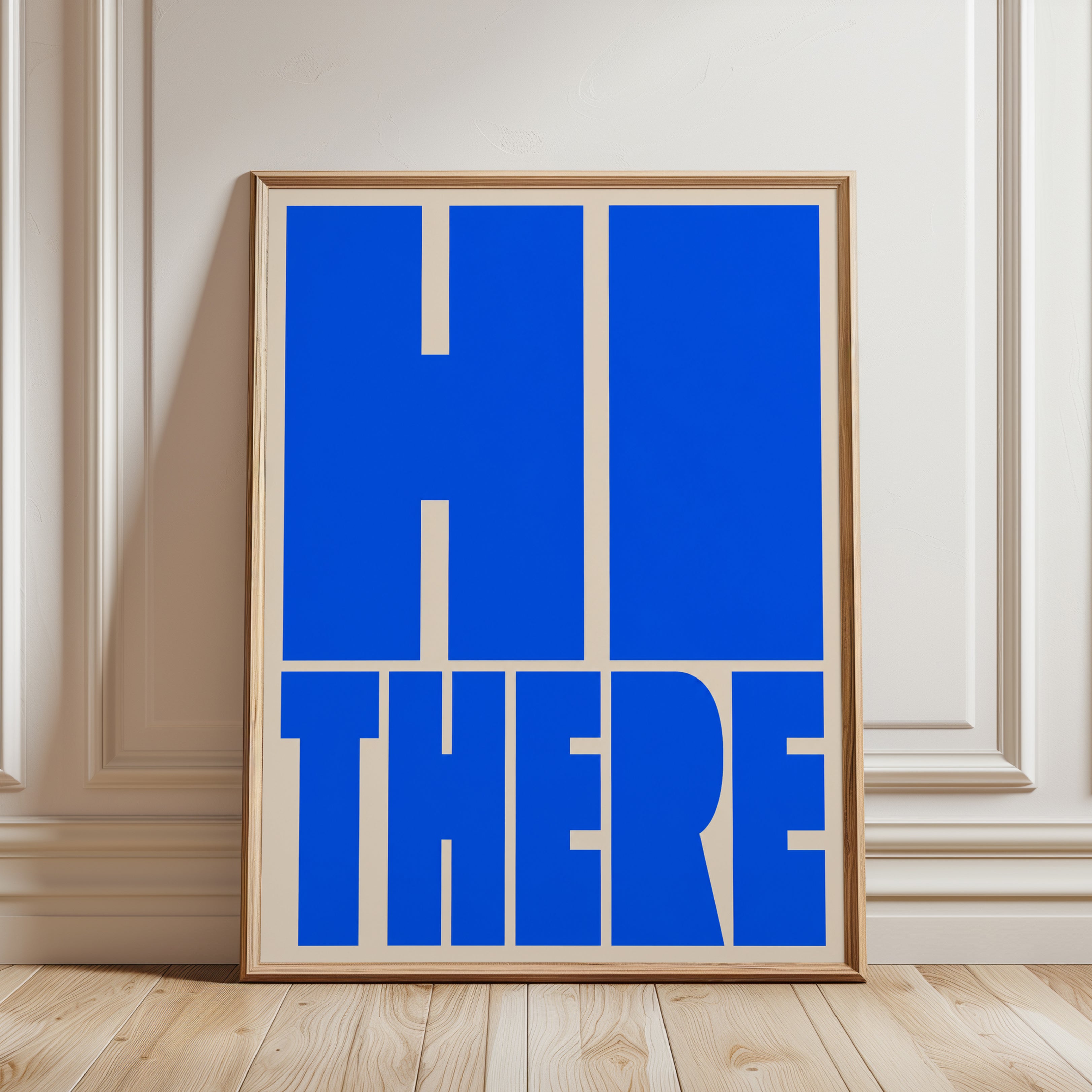 Hi There Typography Print — Bold Blue Retro Lettering - framed detail