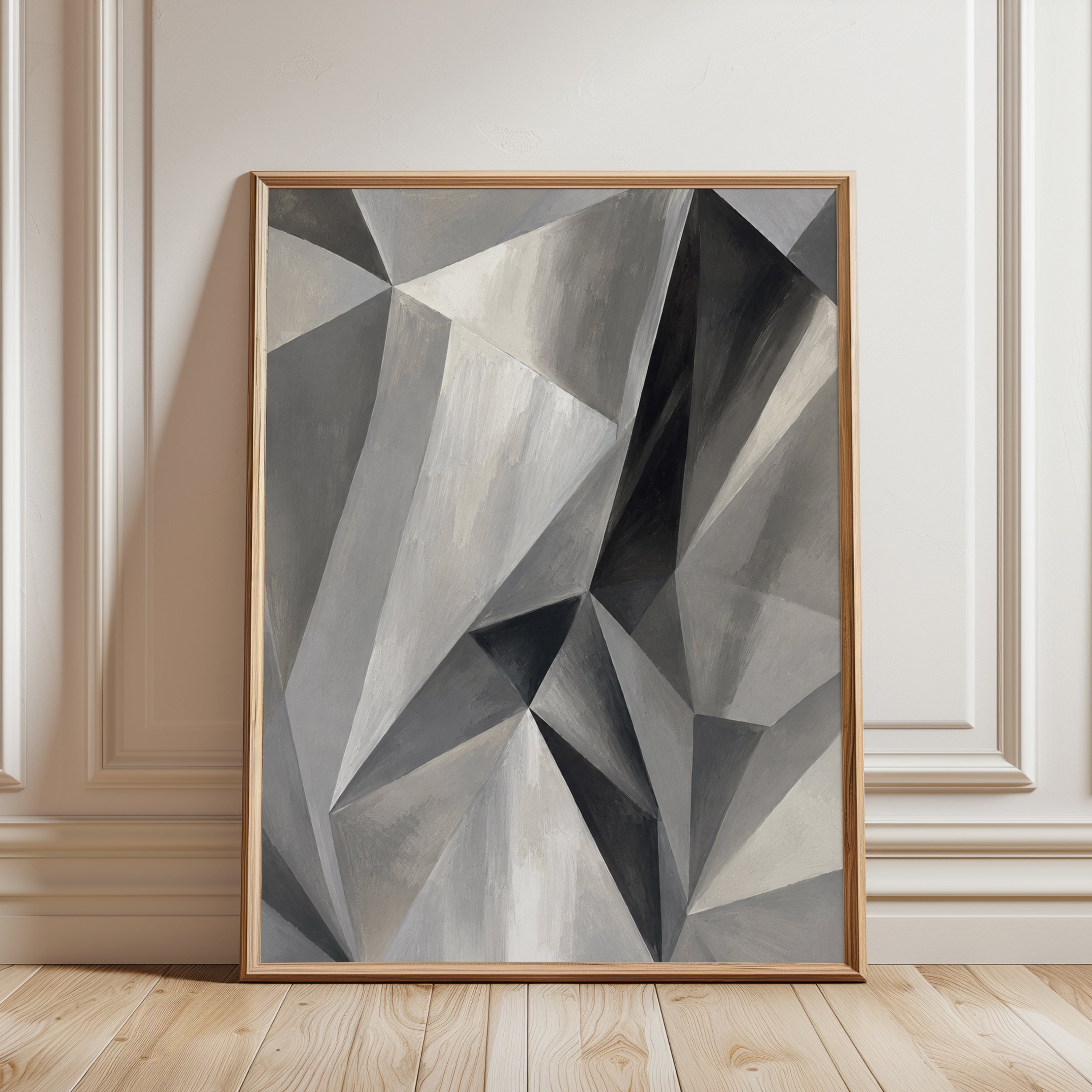 Geometric Abstract Art Print: Monochrome Cubist Composition - framed detail