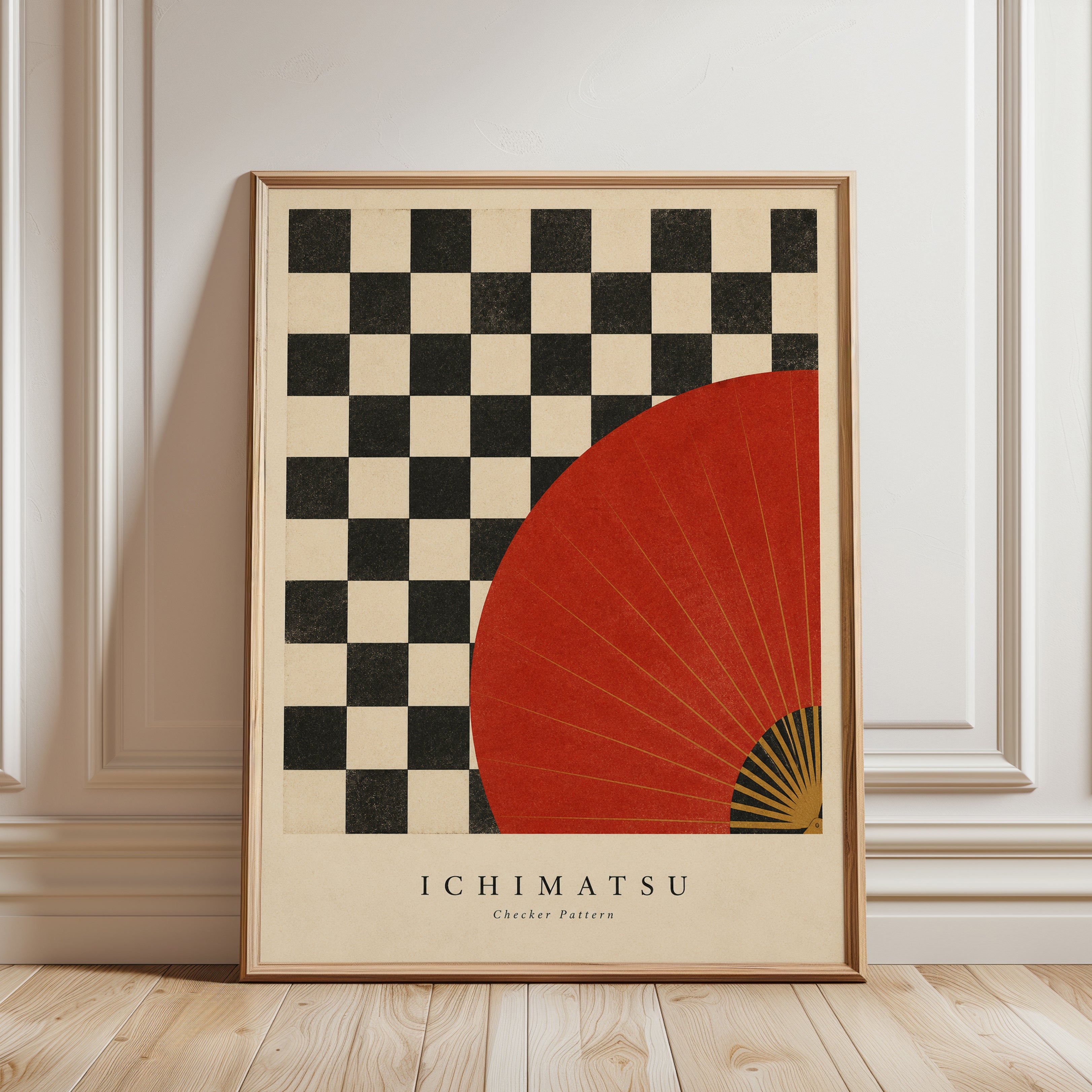 Japanese Checkerboard Wall Art – Red Fan - framed detail