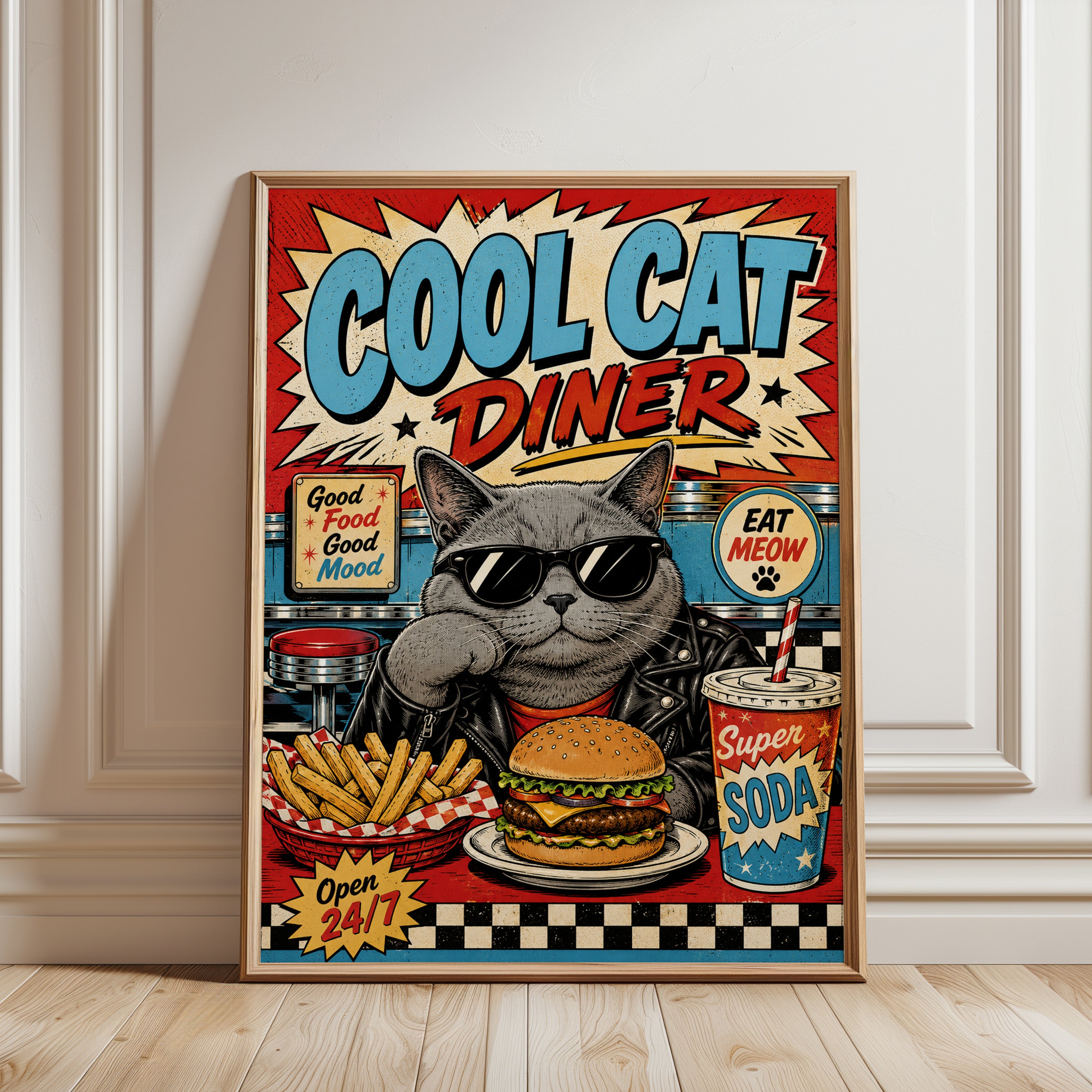 Retro Diner Wall Art – Cat Print - framed detail