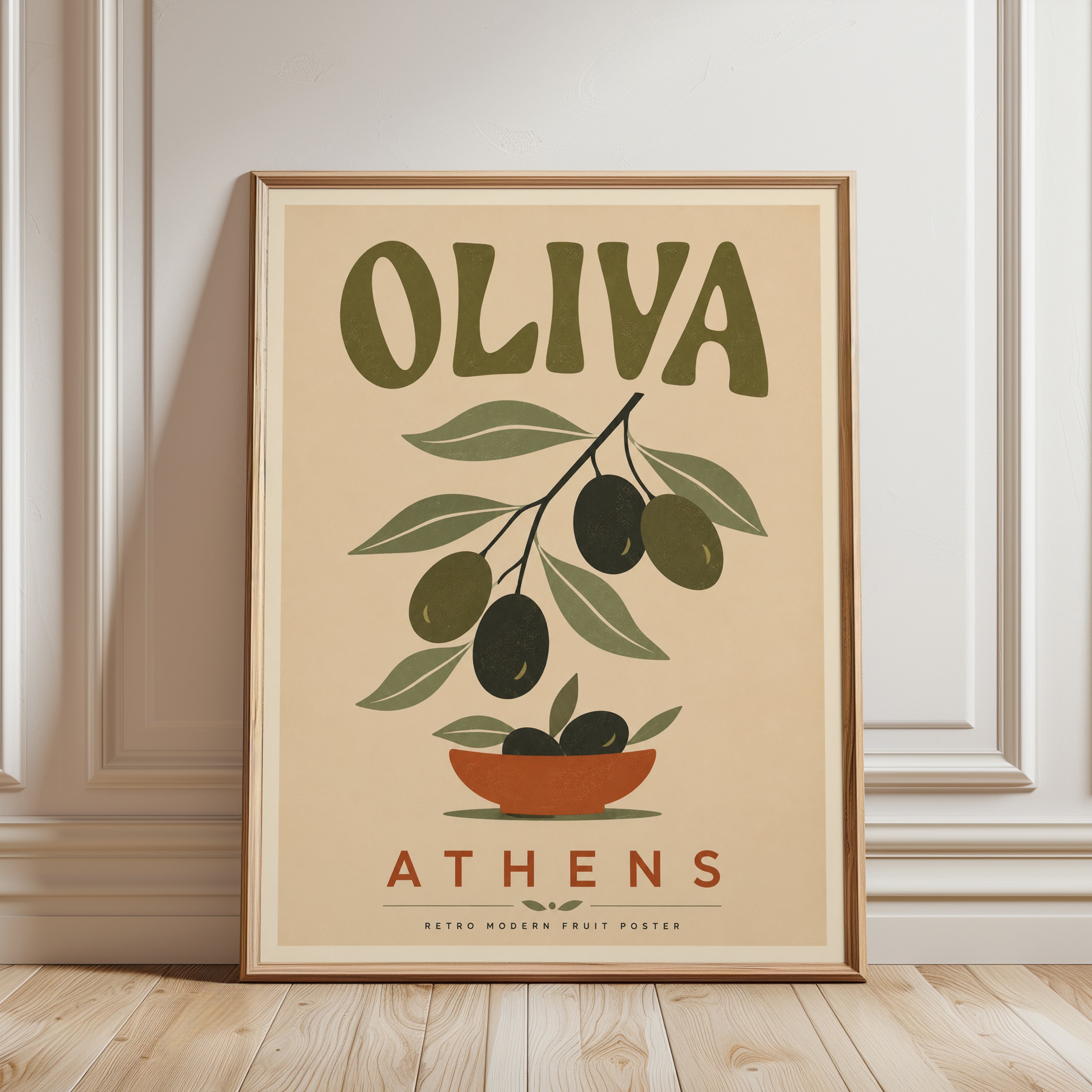 Olive Branch Print: Retro Greek Wall Art (Mid-Century Botanical Style) - framed detail