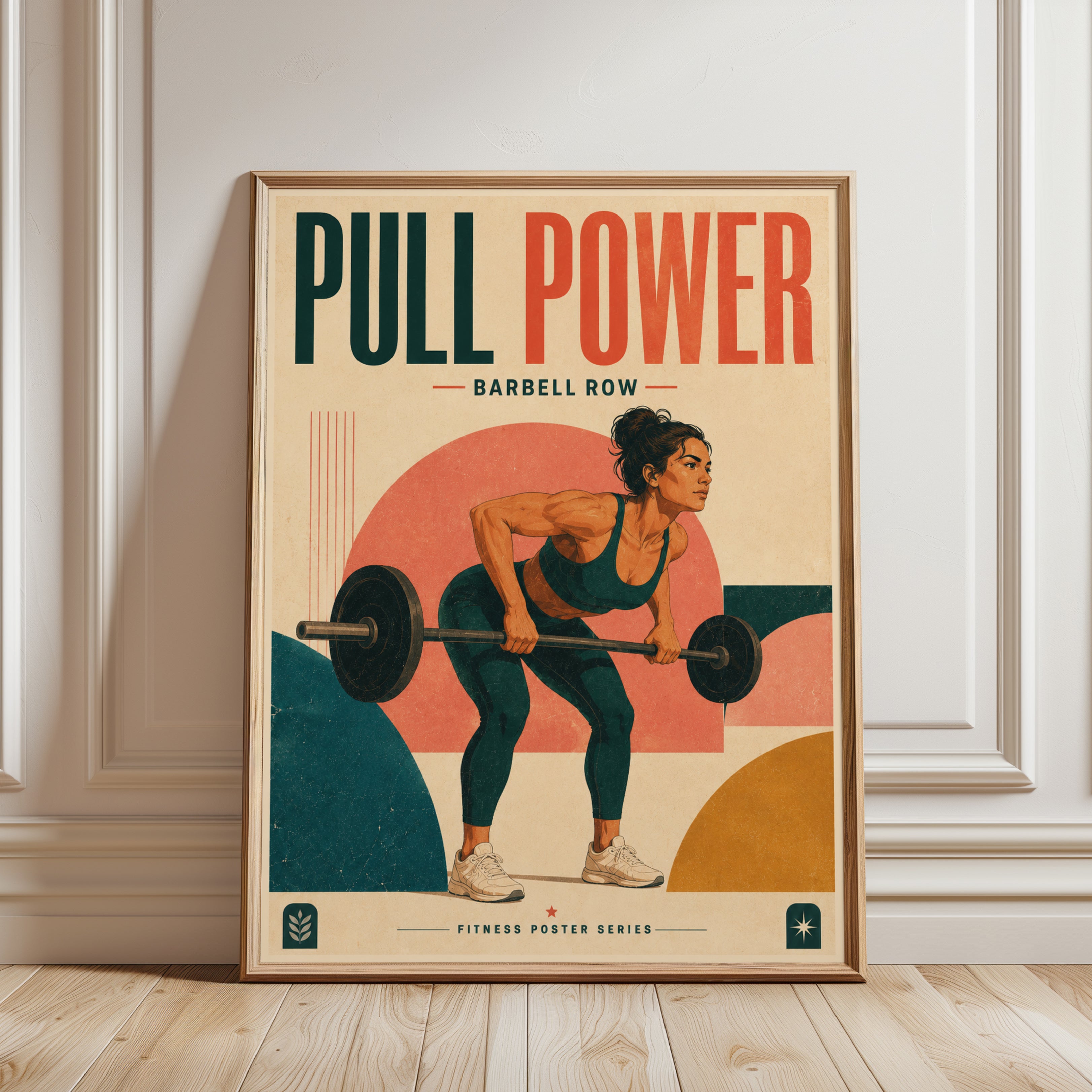 Barbell Row Fitness Poster: Retro Gym Art Print - framed detail