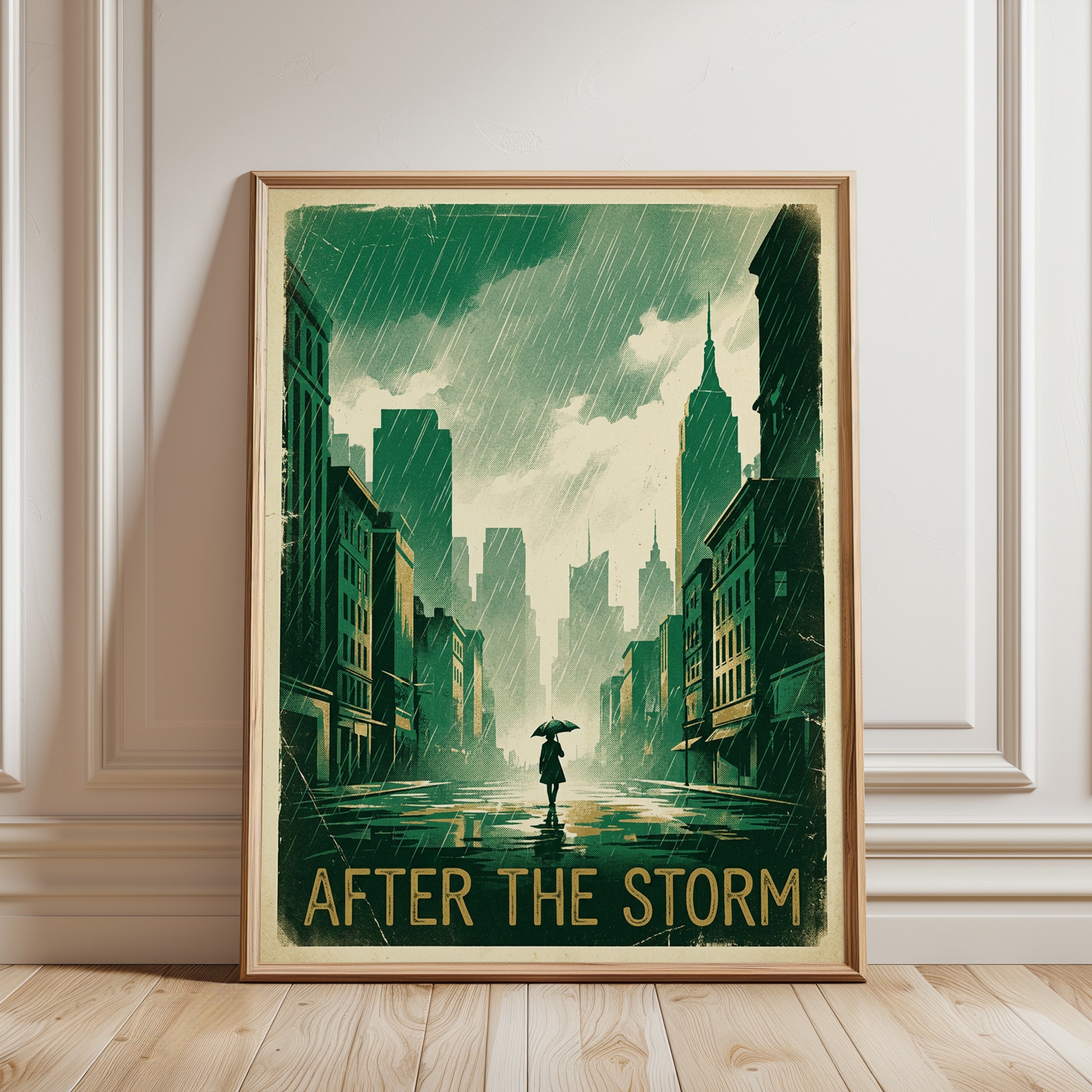 Vintage City Rain Print — Art Deco Storm Scene - framed detail