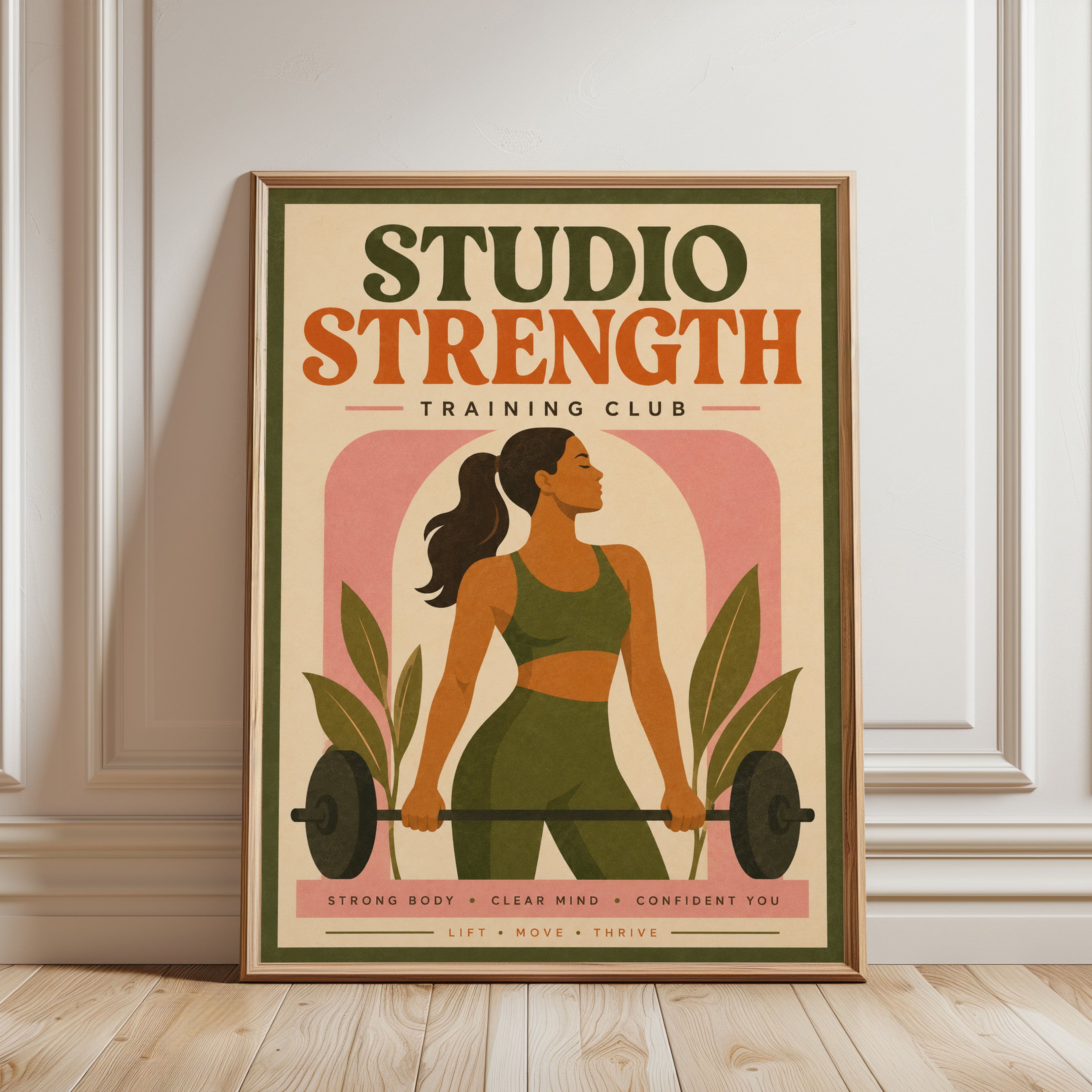 Retro Fitness Poster: Vintage Strength Training Wall Art - framed detail