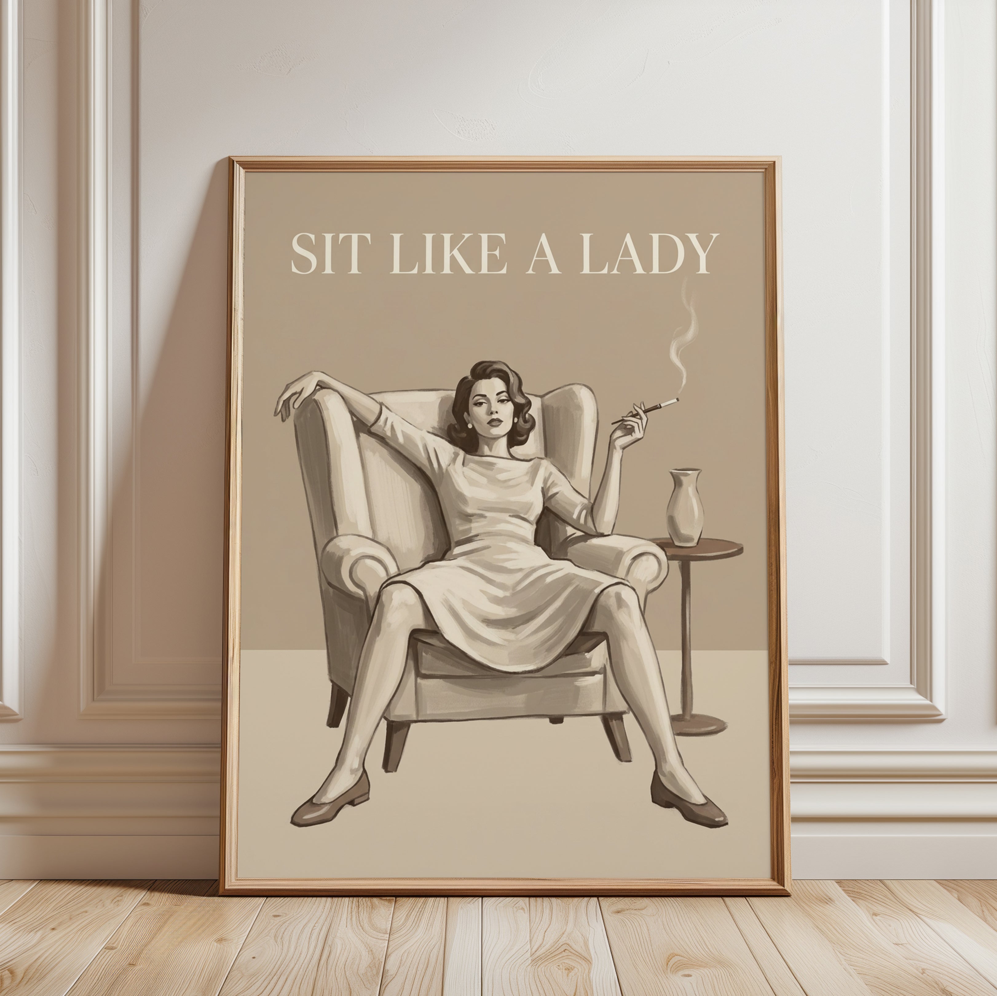 Sit Like A Lady Art Print: Vintage Sepia Glamour Poster - framed detail