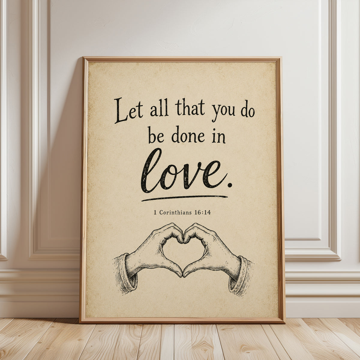 Love Scripture Wall Art: Vintage Beige Biblical Verse Print - framed detail