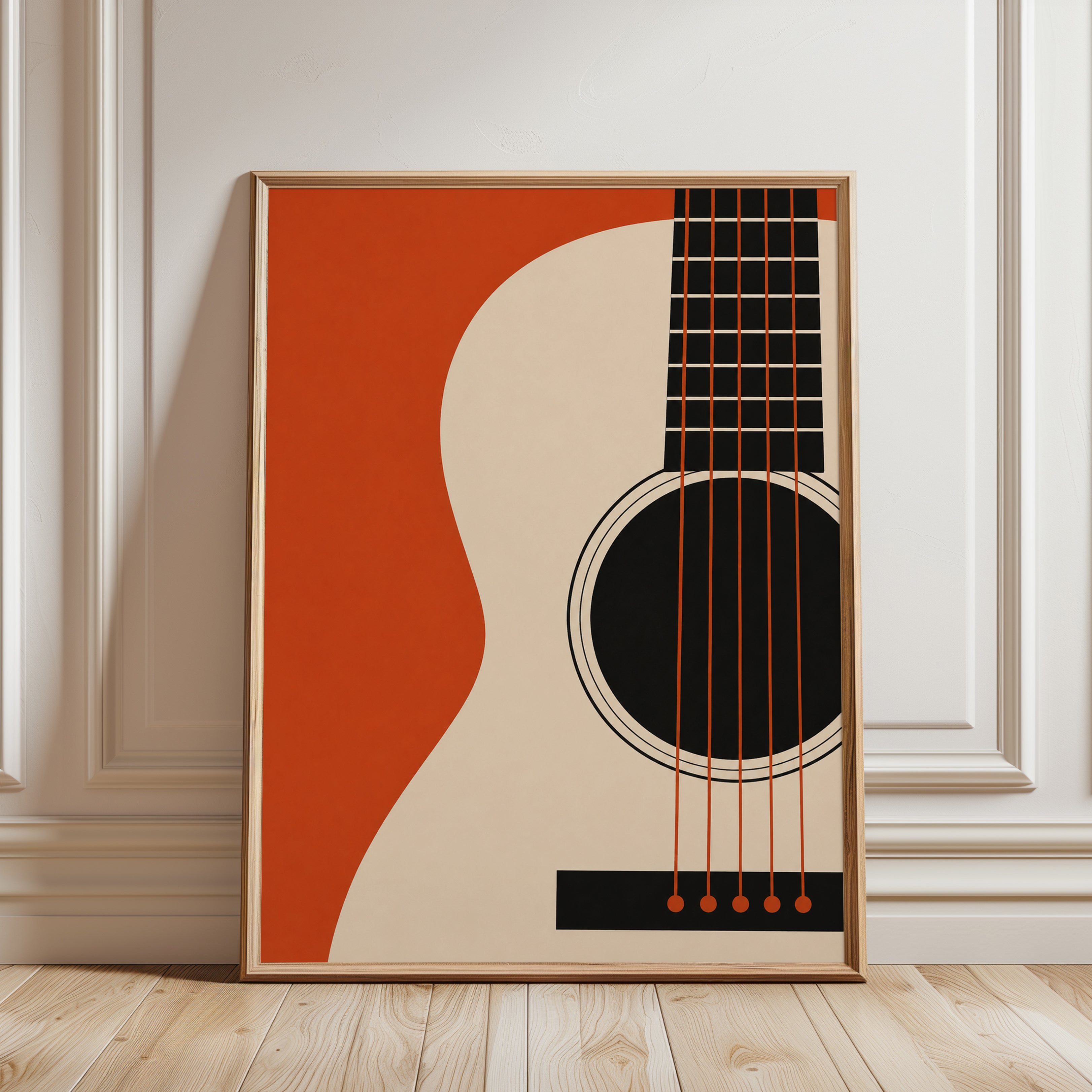 Acoustic Guitar Art Print: Minimalist Orange Geometric Design - framed detail