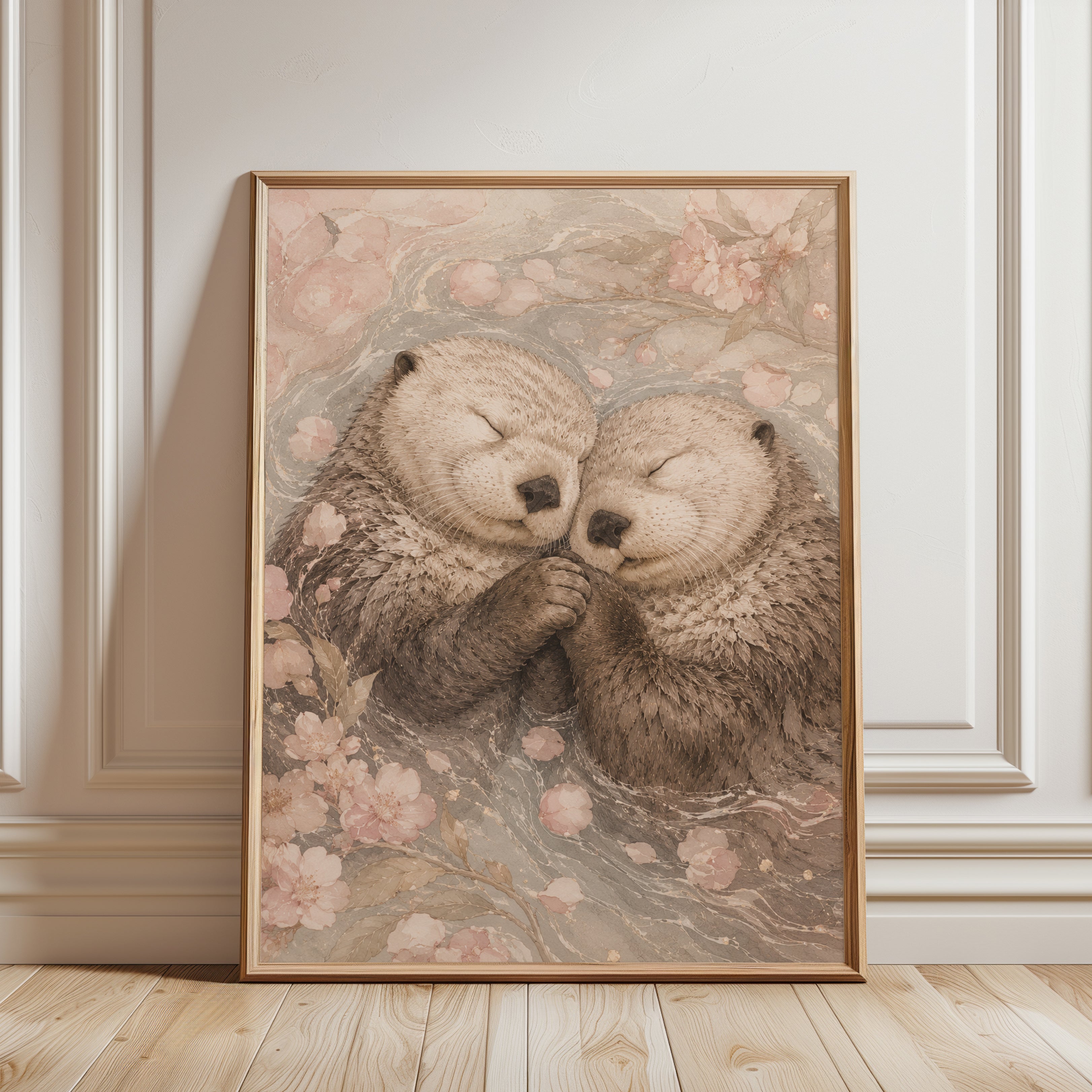 Whimsical Otter Art Print — Hand-Painted Cherry Blossom Illustration - framed detail