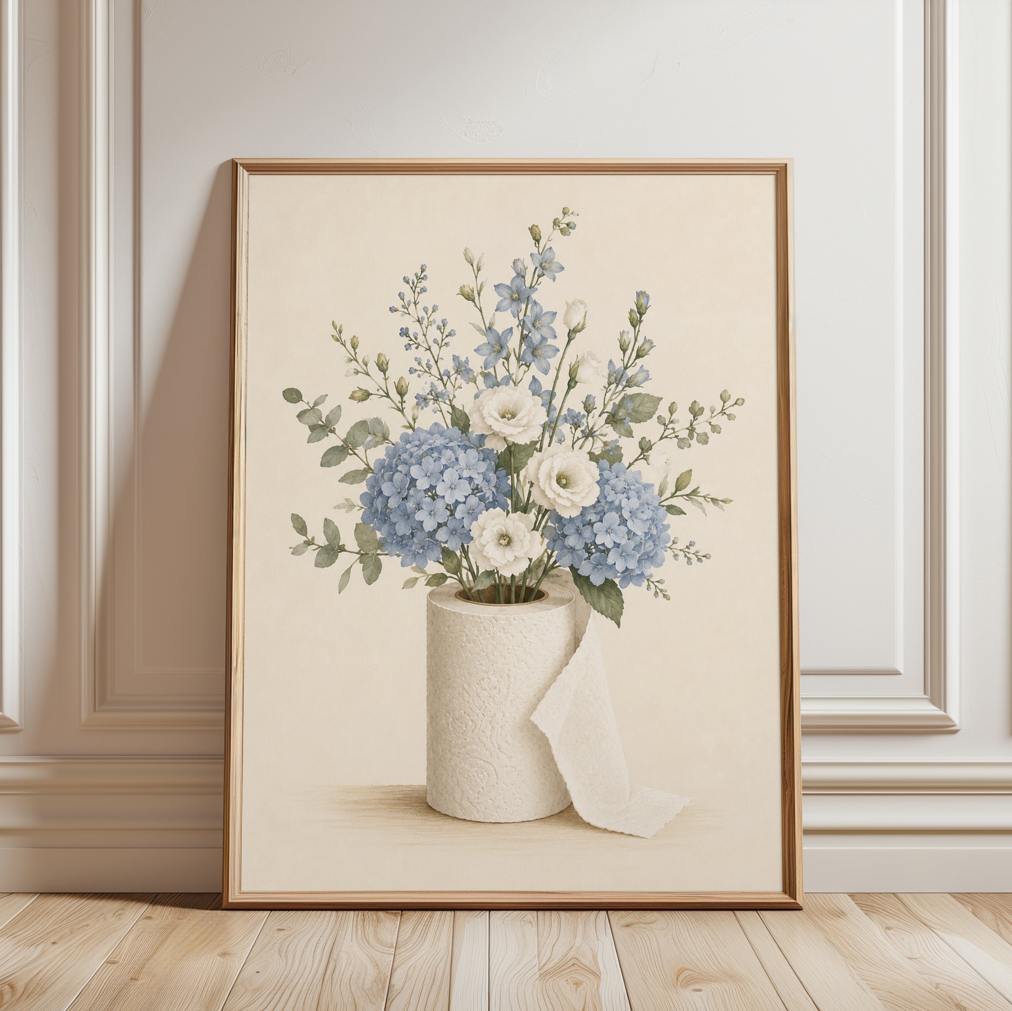 Blue Hydrangea Floral Arrangement: Soft Watercolor Art Print - framed detail