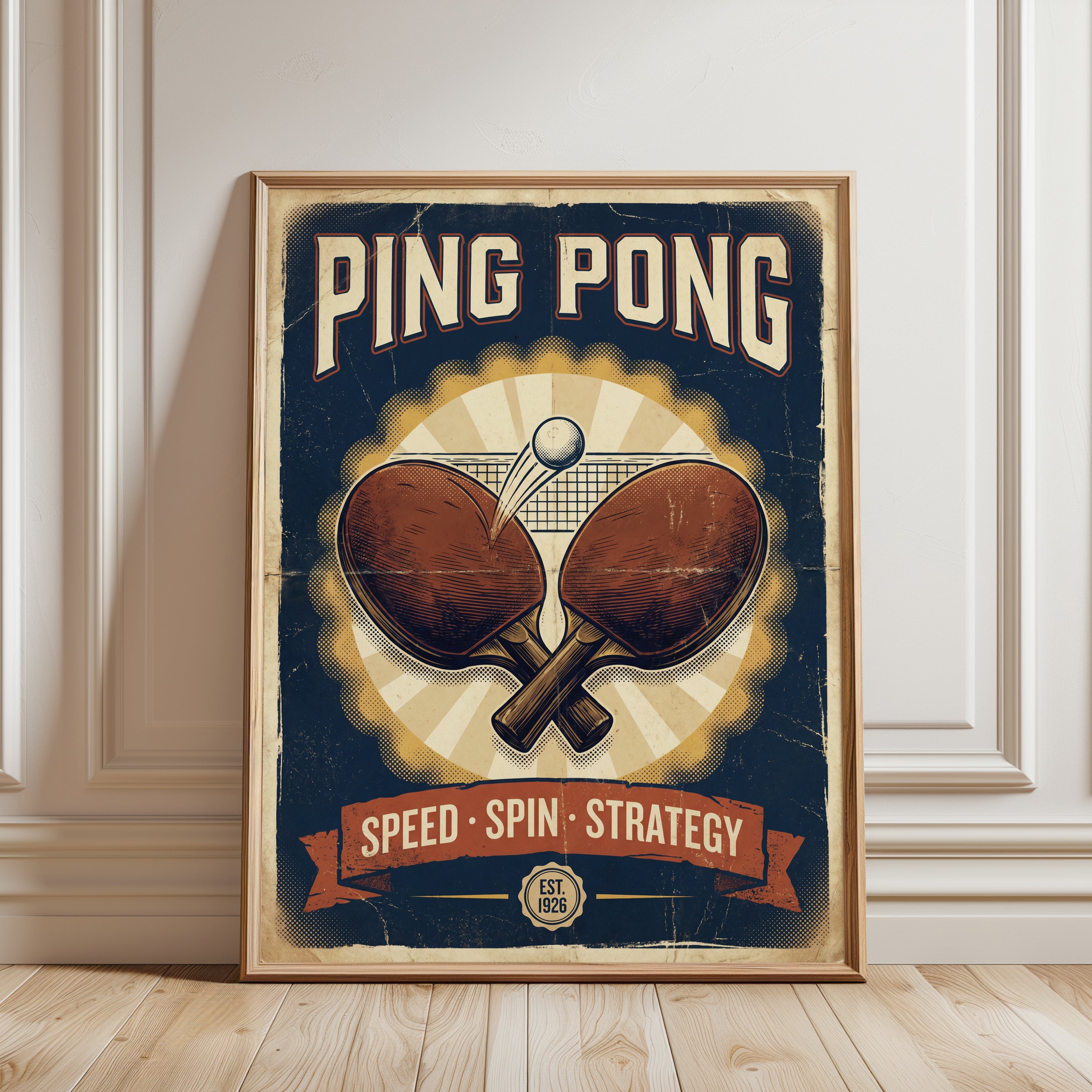 Vintage Ping Pong Print — Retro Table Tennis Poster - framed detail