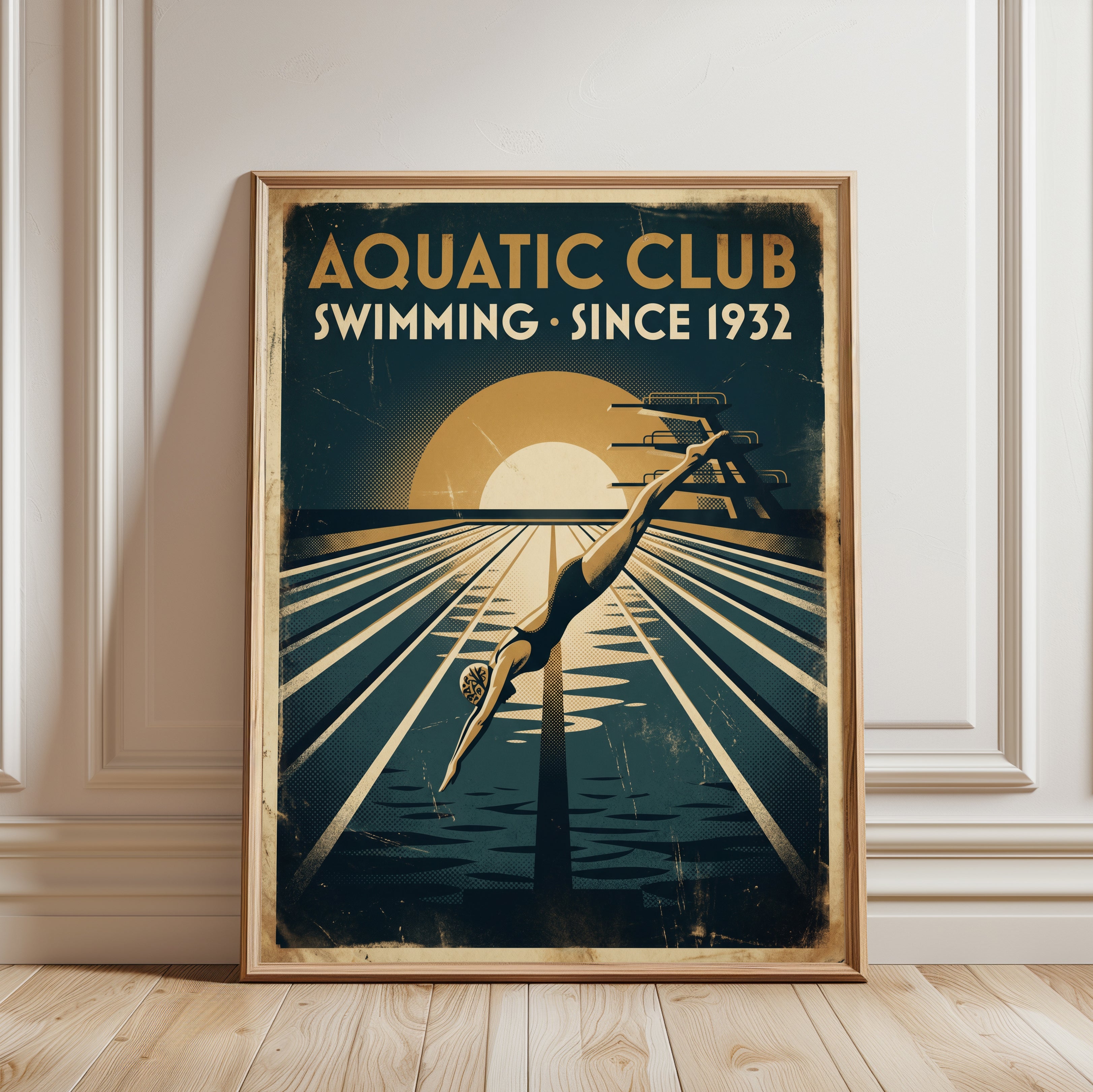 Art Deco Swimming Pool Poster – Vintage Aquatic Club Diver Art - framed detail