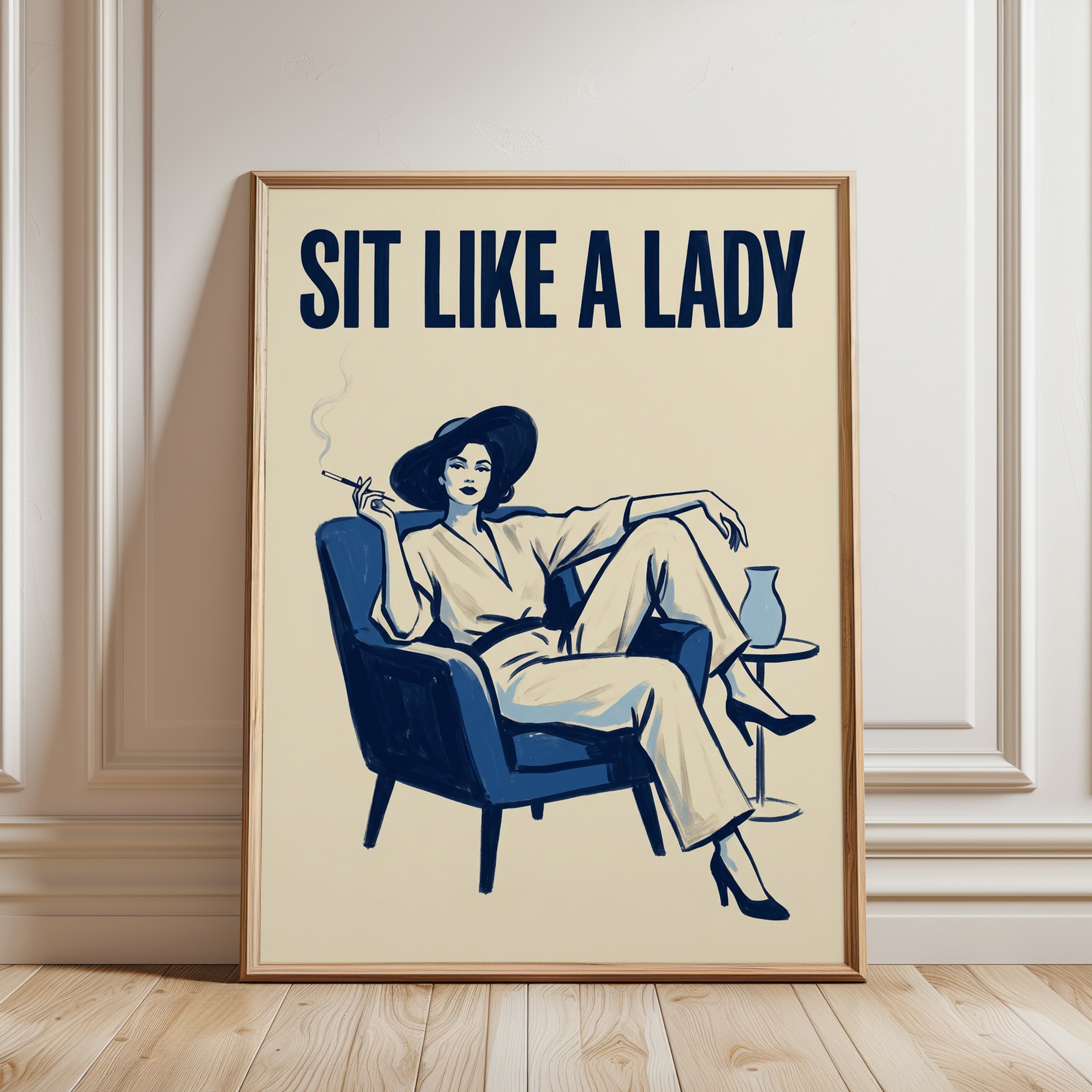 Sit Like A Lady Poster: Retro Blue Cream Lounge Art Print - framed detail