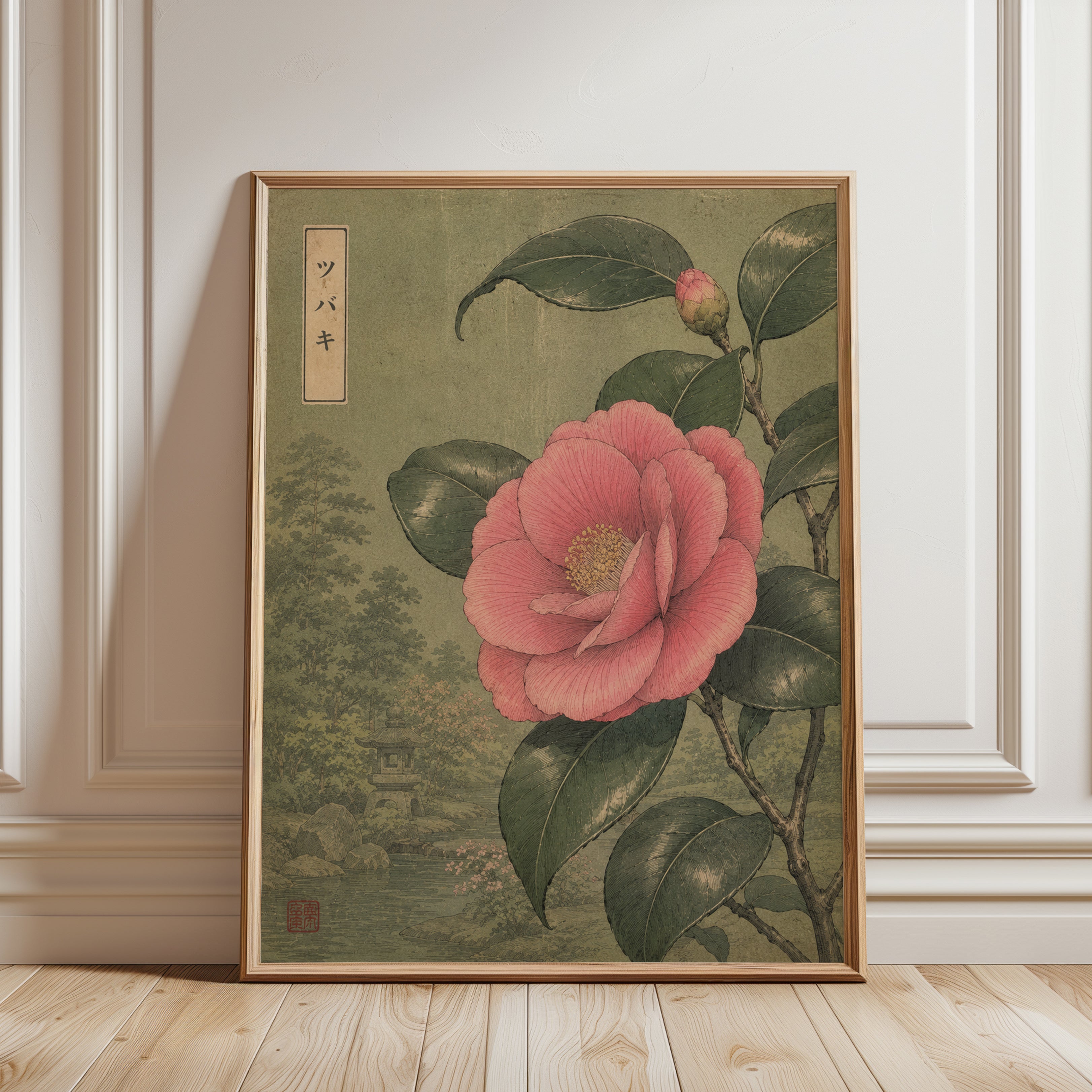 Japanese Camellia Botanical Print — Vintage Asian Flower Art - framed detail