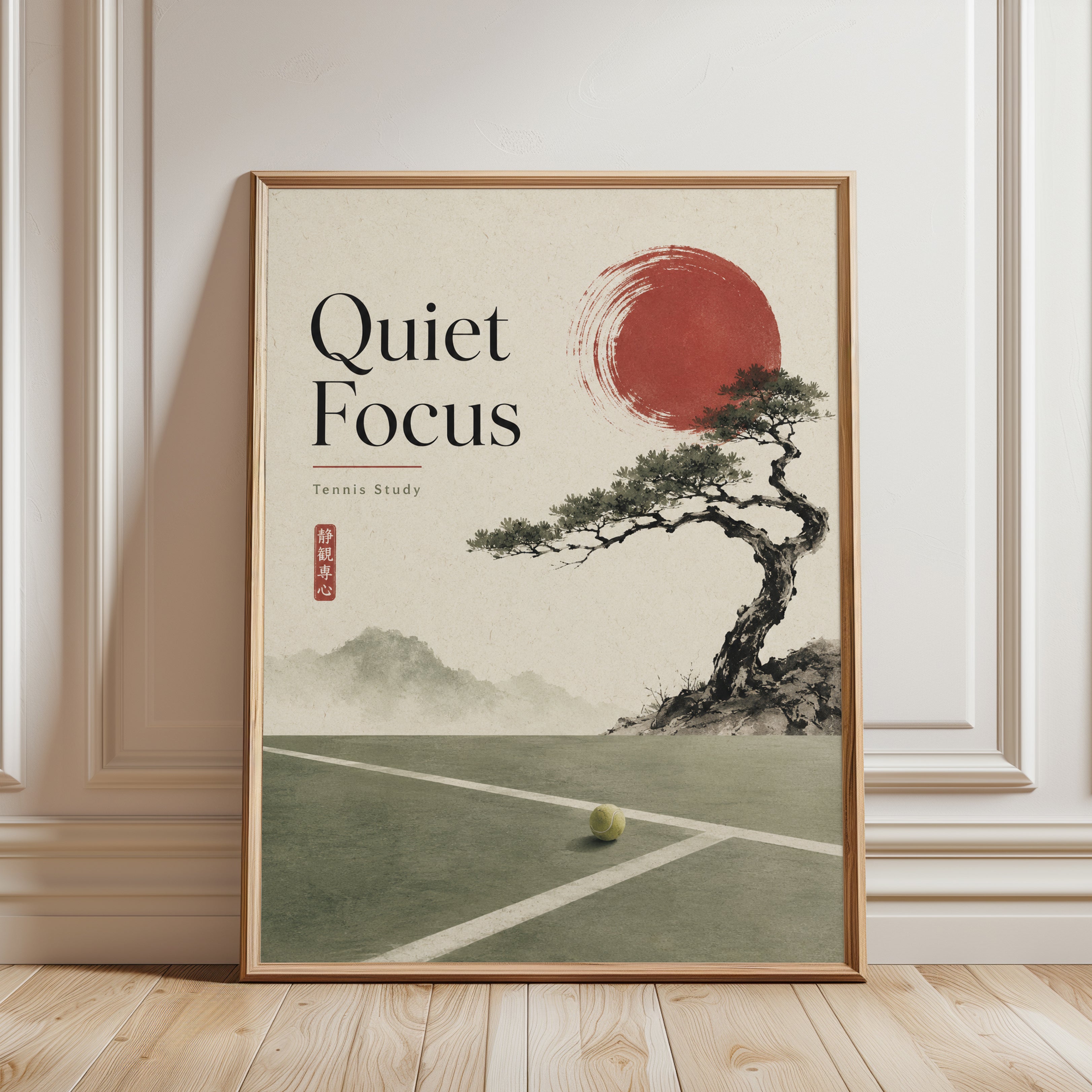 Zen Tennis Court Art Print: Japanese Ink Landscape Red Sun - framed detail