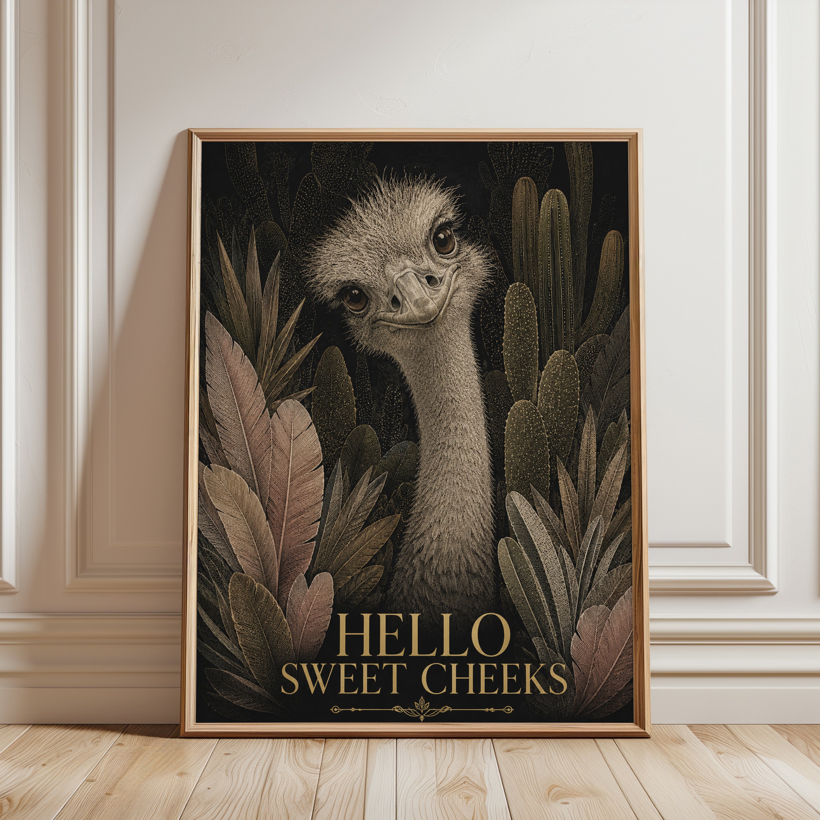 Ostrich Portrait Art Print: Vintage Botanical Wildlife Illustration - framed detail