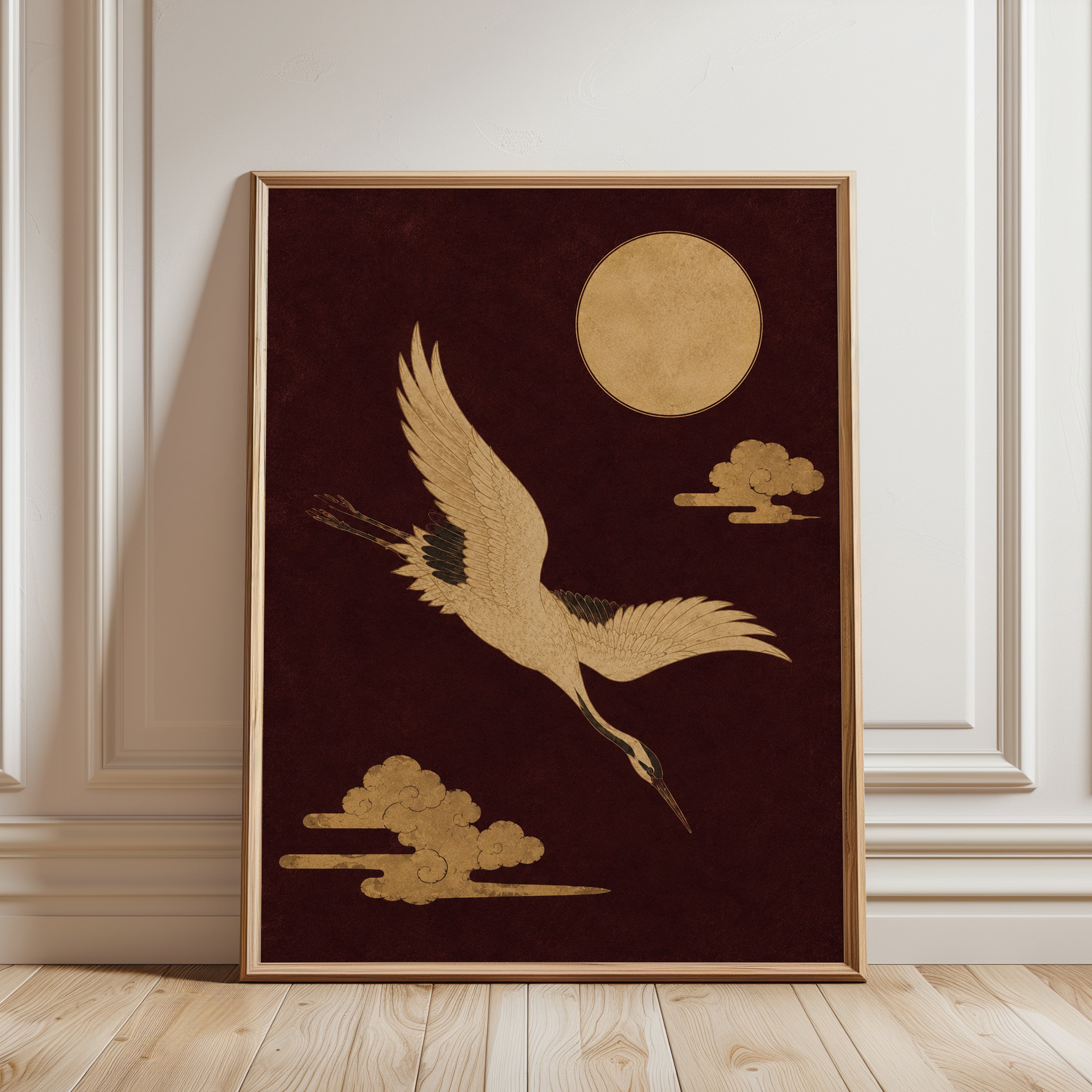 Japanese Crane Art Print: Gold Foil - framed detail