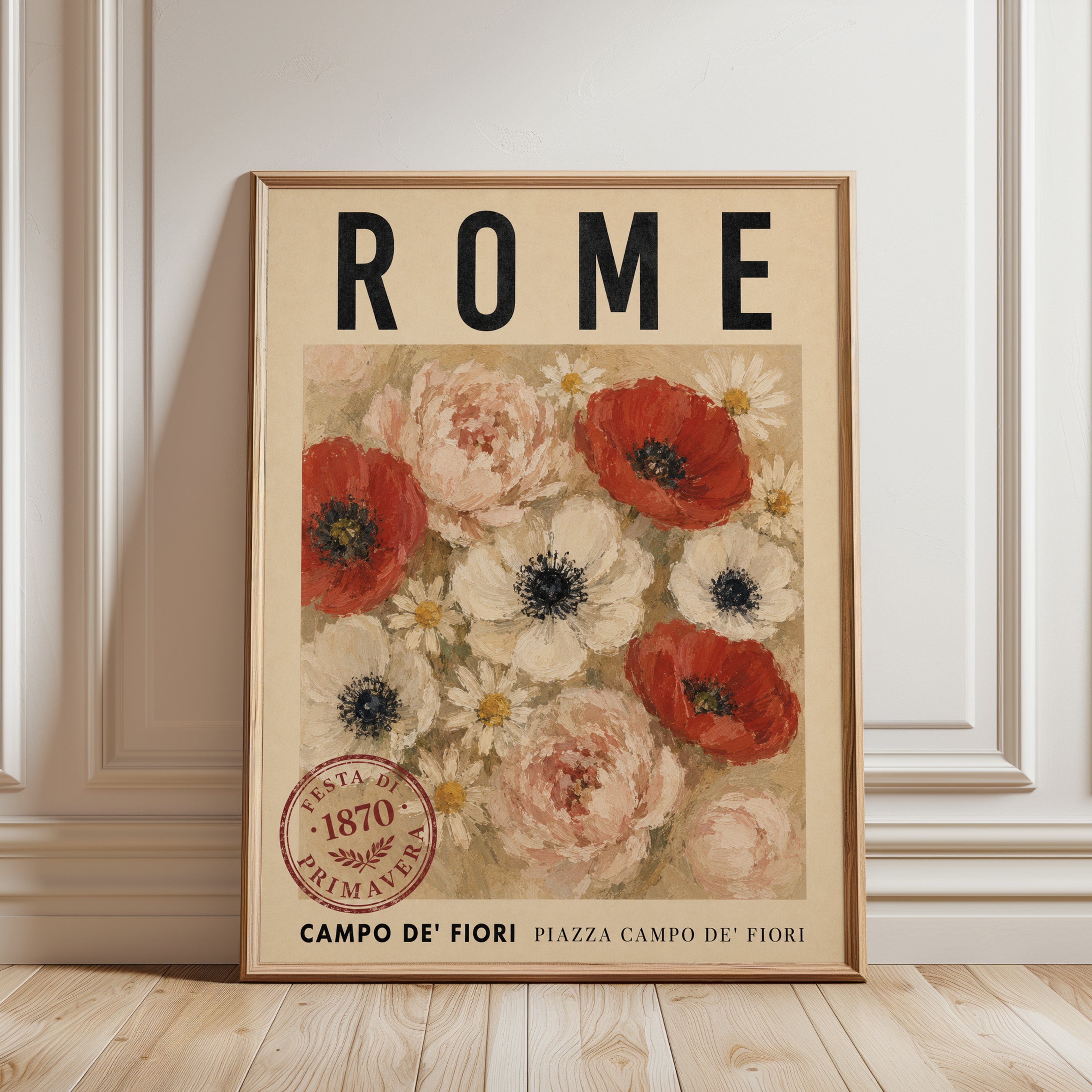 Rome Floral Wall Art: Vintage Poppy and Daisy Botanical Print - framed detail