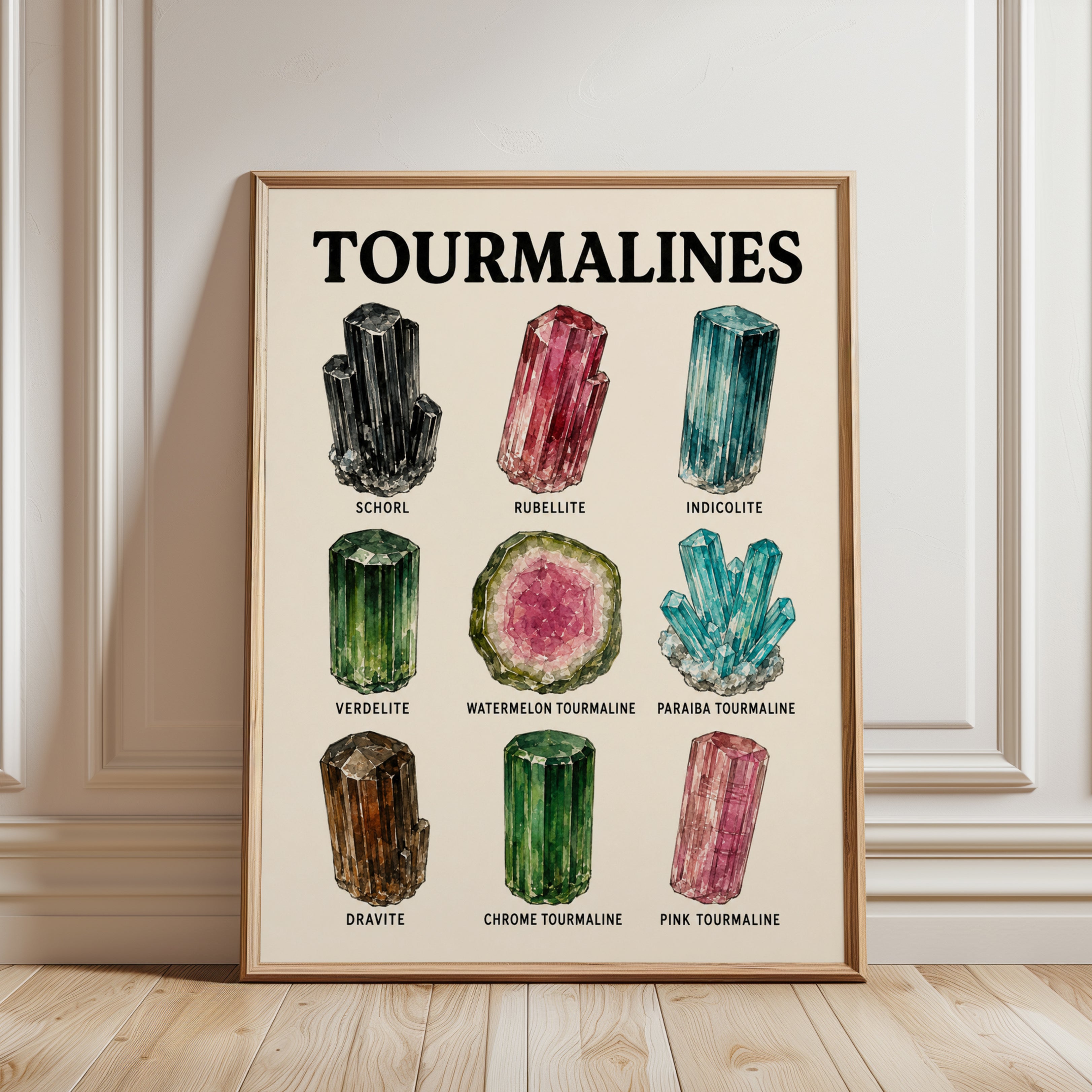 Tourmaline Gemstone Chart Art Print: Vintage Mineral Illustration - framed detail