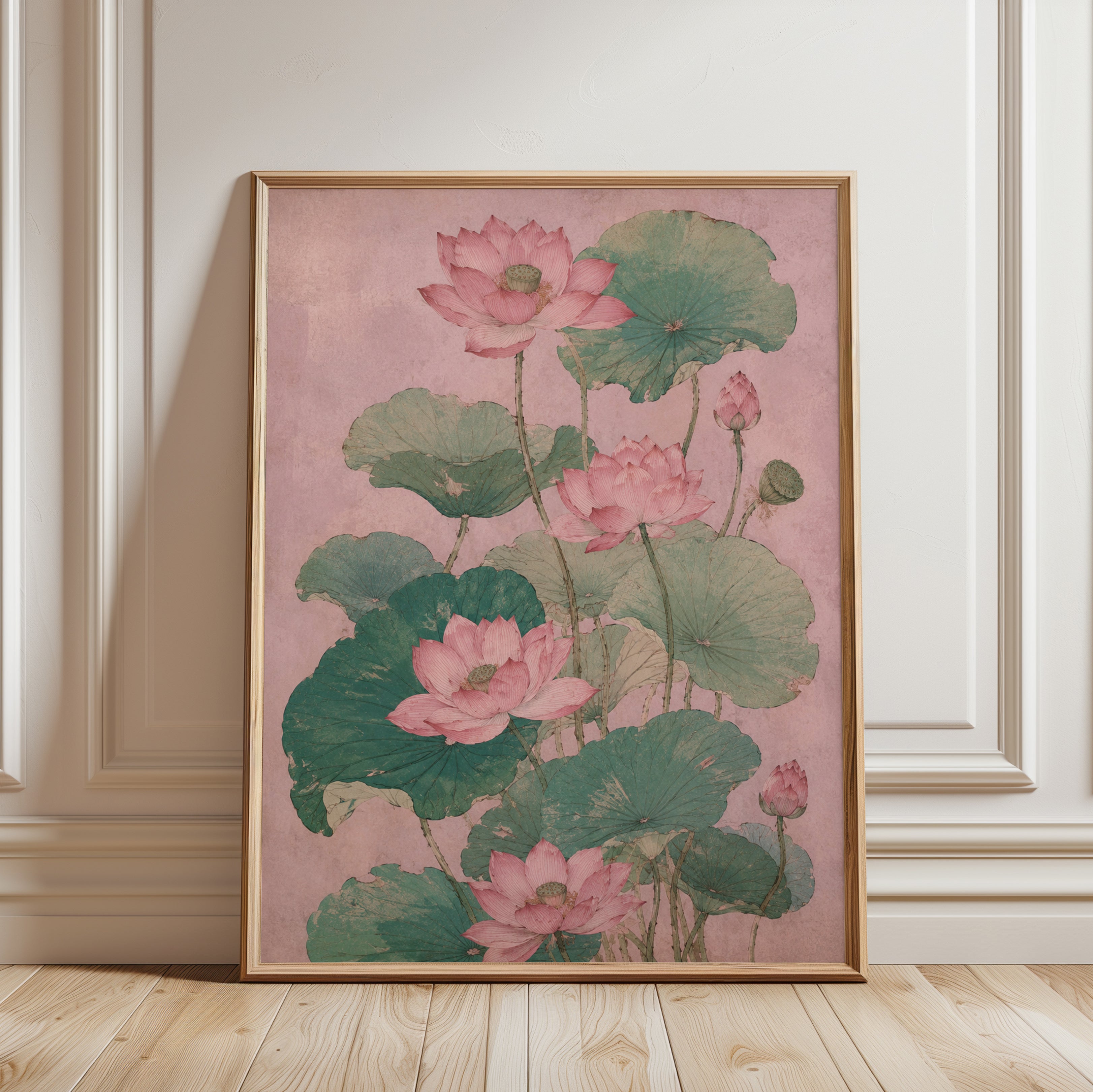 Pink Lotus Flowers Art Print: Vintage Botanical Illustration - framed detail