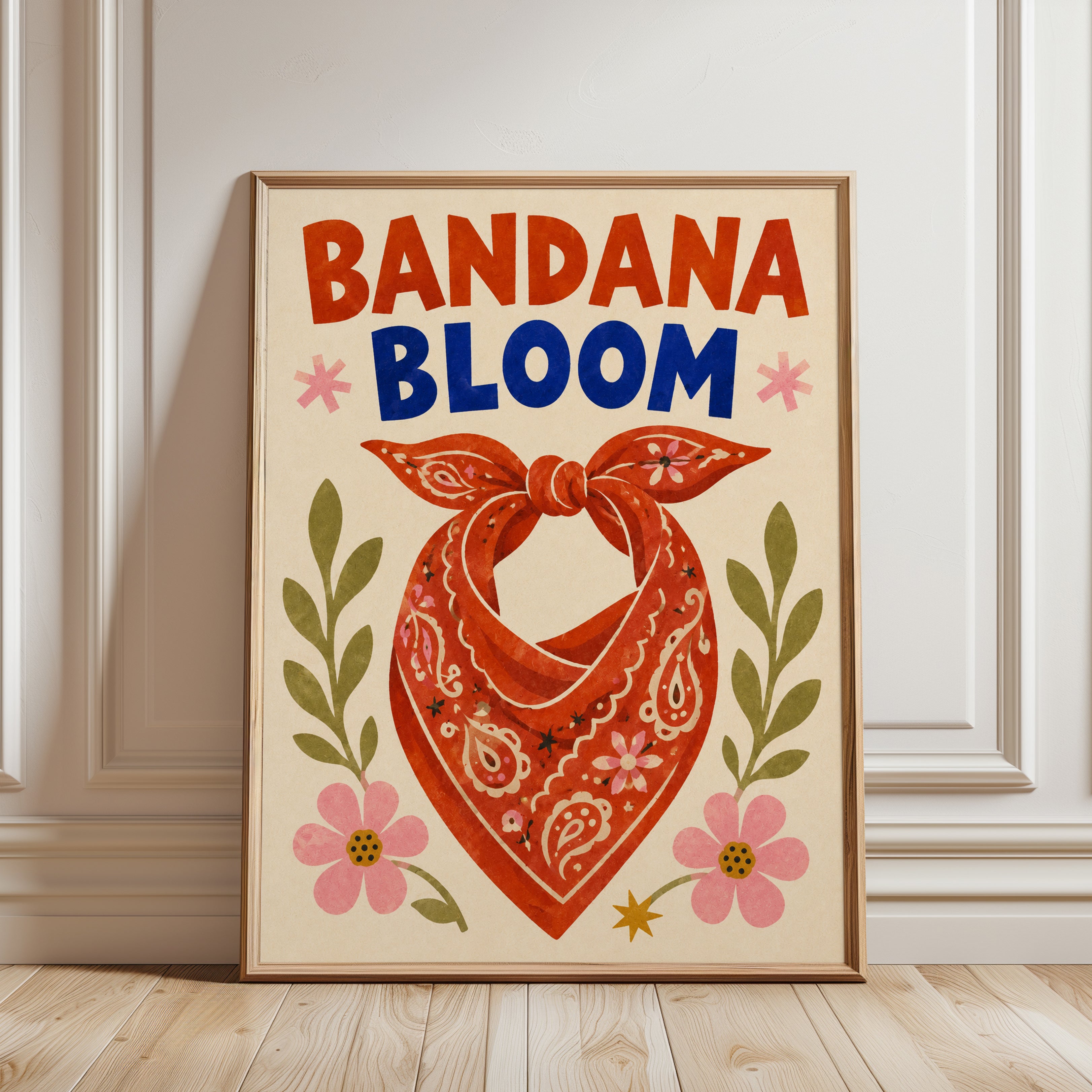 Bandana Bloom Folk Art Print: Red Paisley Floral Design - framed detail