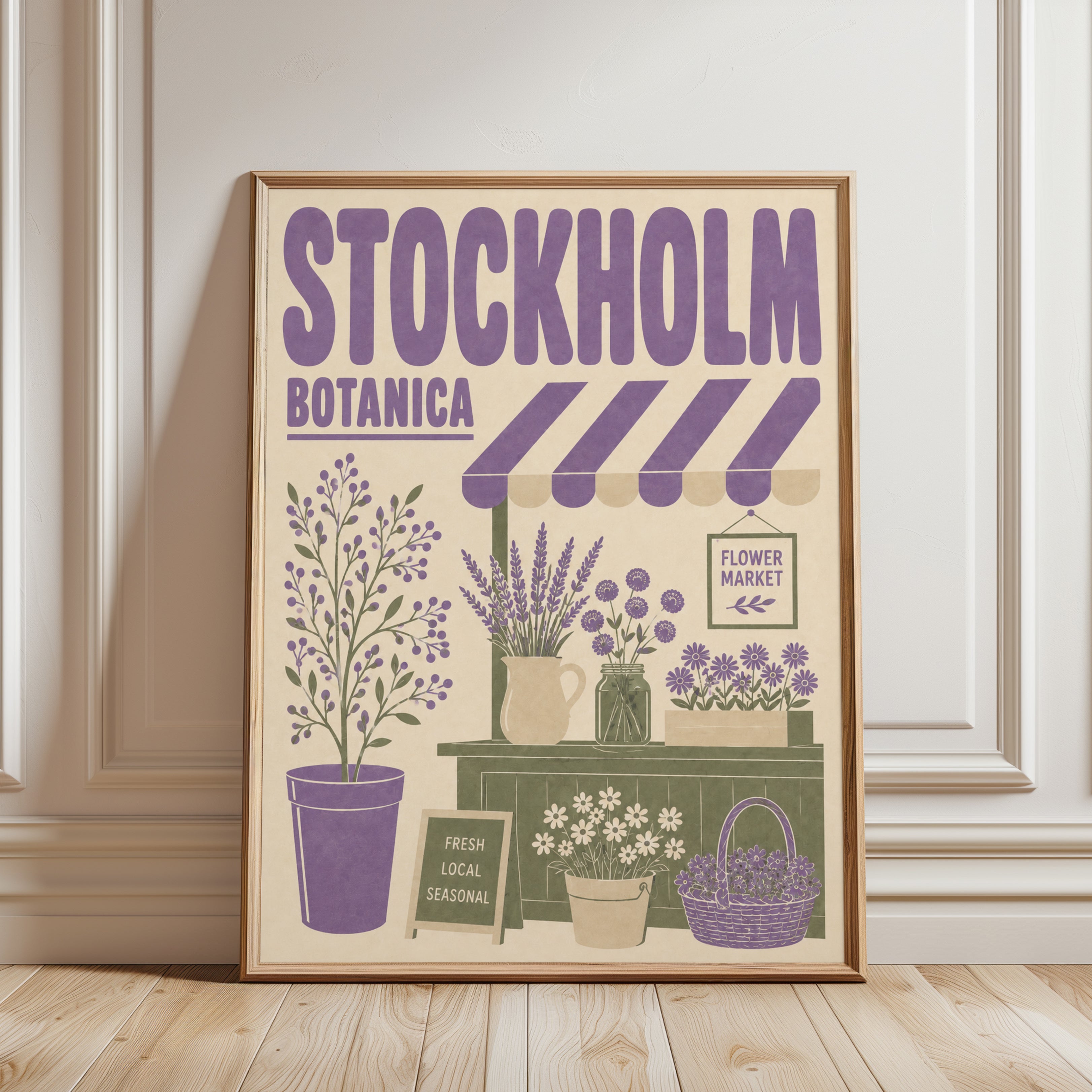 Stockholm Botanica Print: Vintage Scandinavian Flower Market Art - framed detail
