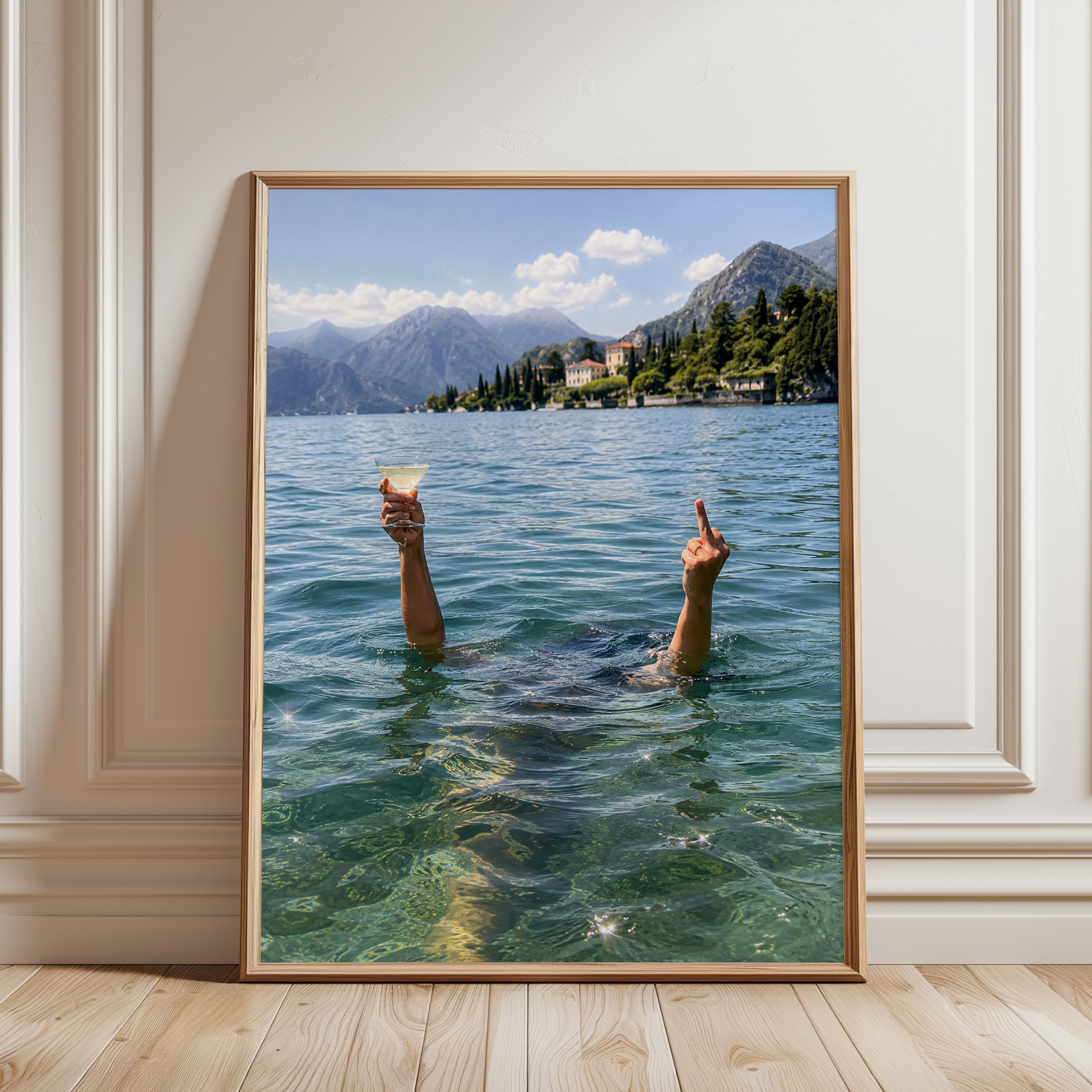 Italian Lake Swimming Wall Art: Humorous Alpine Water Scene - framed detail
