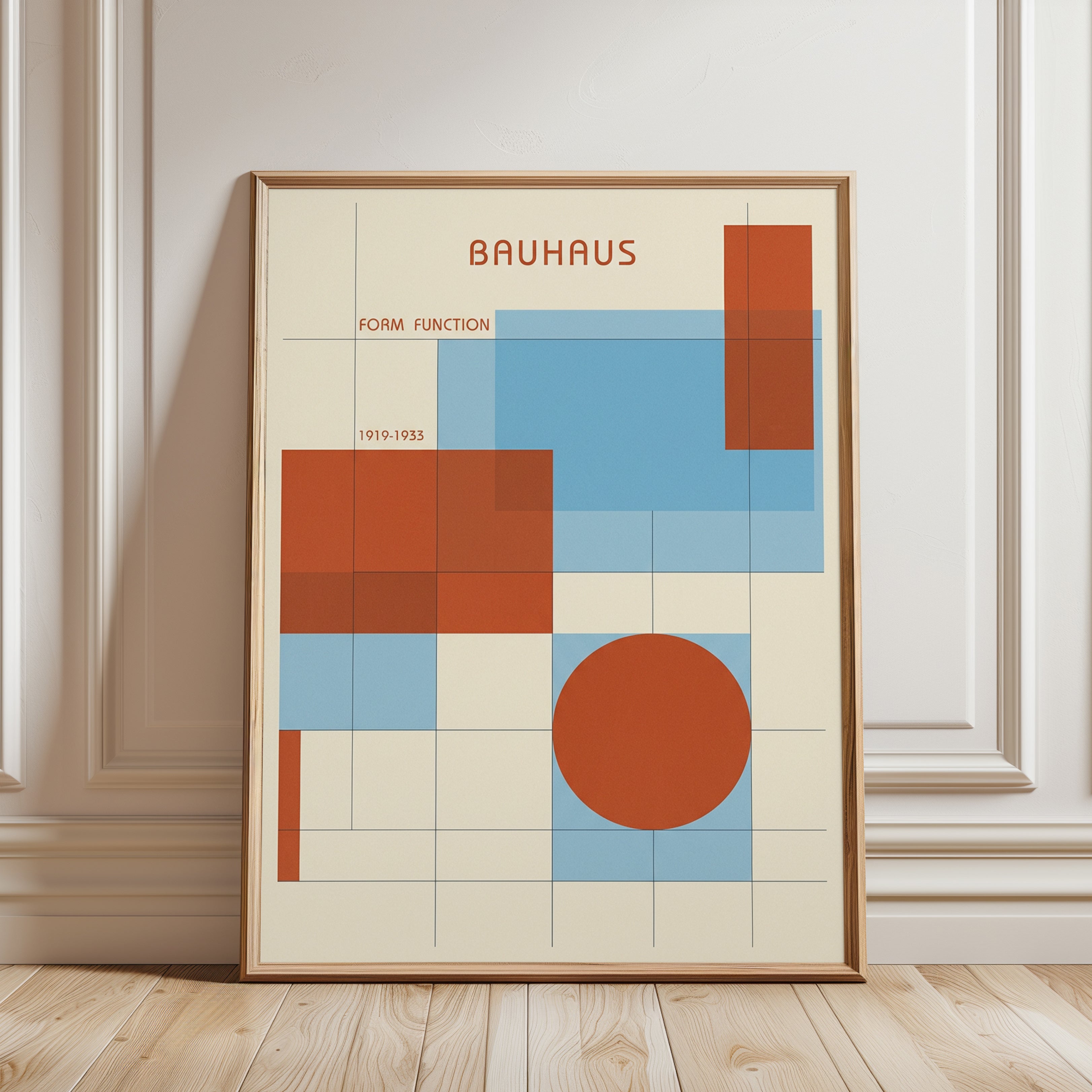 Bauhaus Geometric Art Print: Red Blue Cream Modernist Design - framed detail