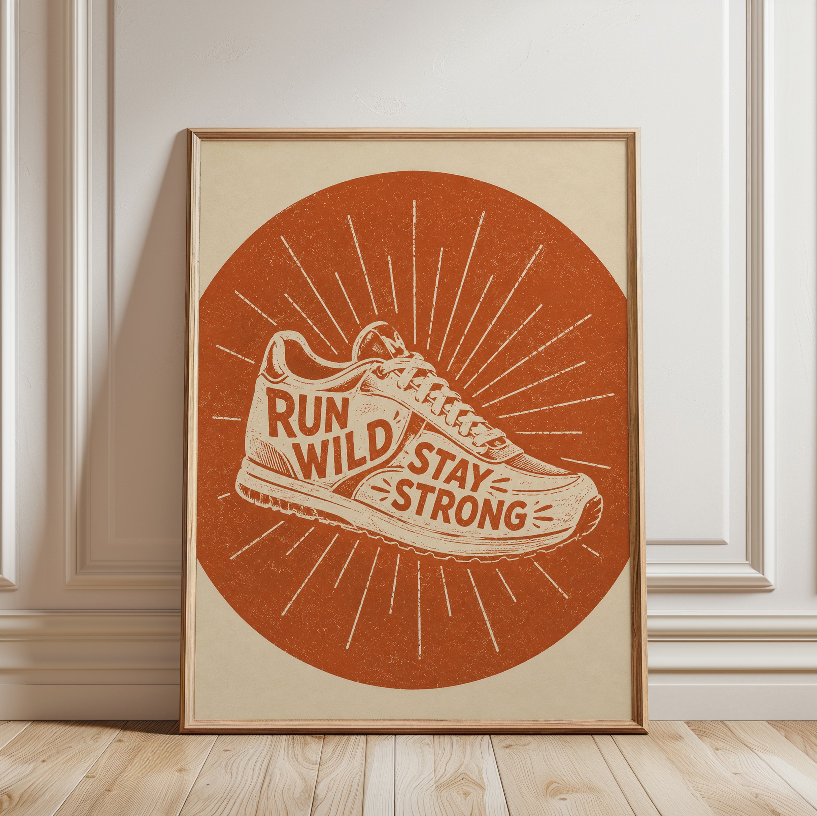 Vintage Running Shoe Print: Motivational Sunburst Gym Wall Art - framed detail