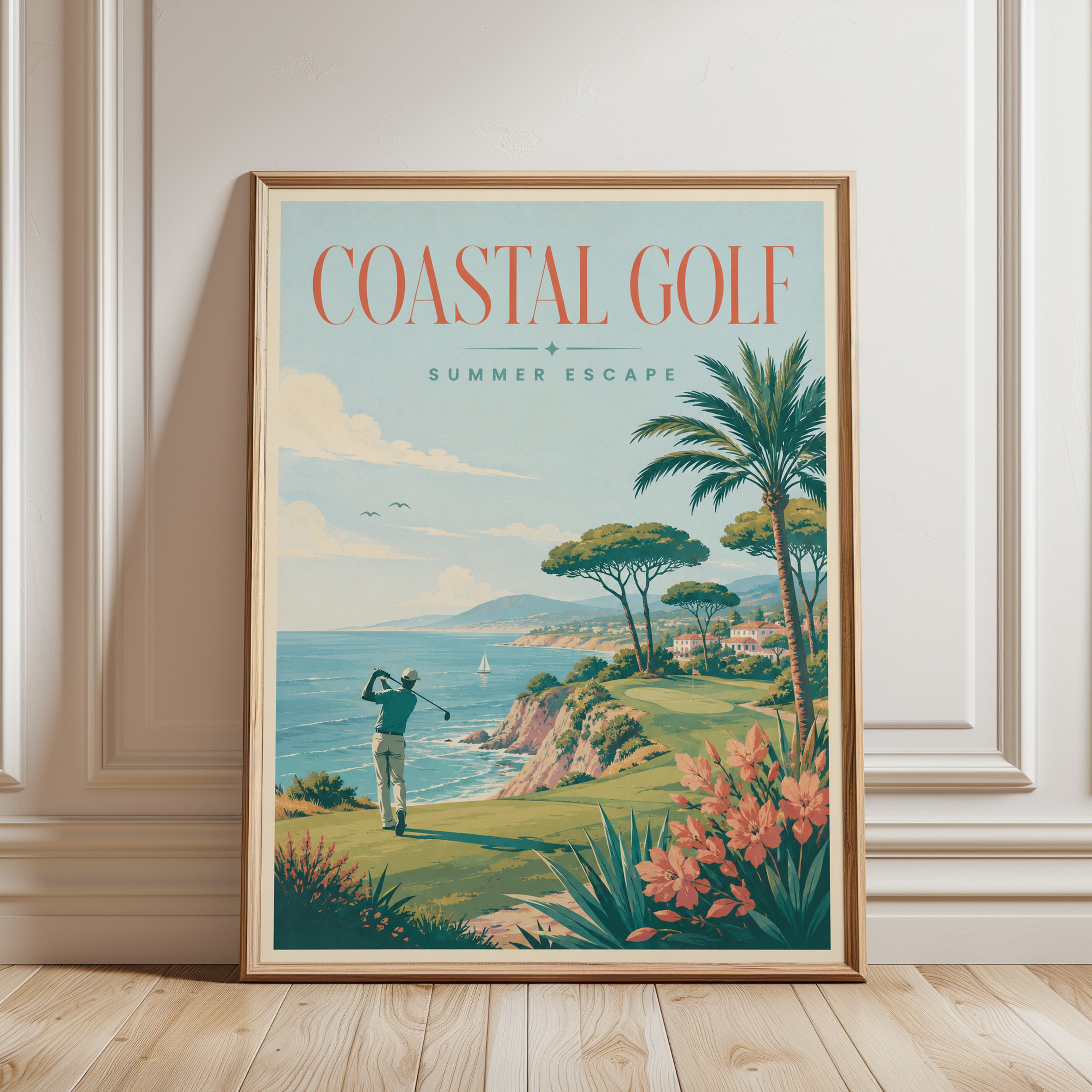 Vintage Golf Travel Poster: Coastal Mid-Century Summer Wall Art - framed detail