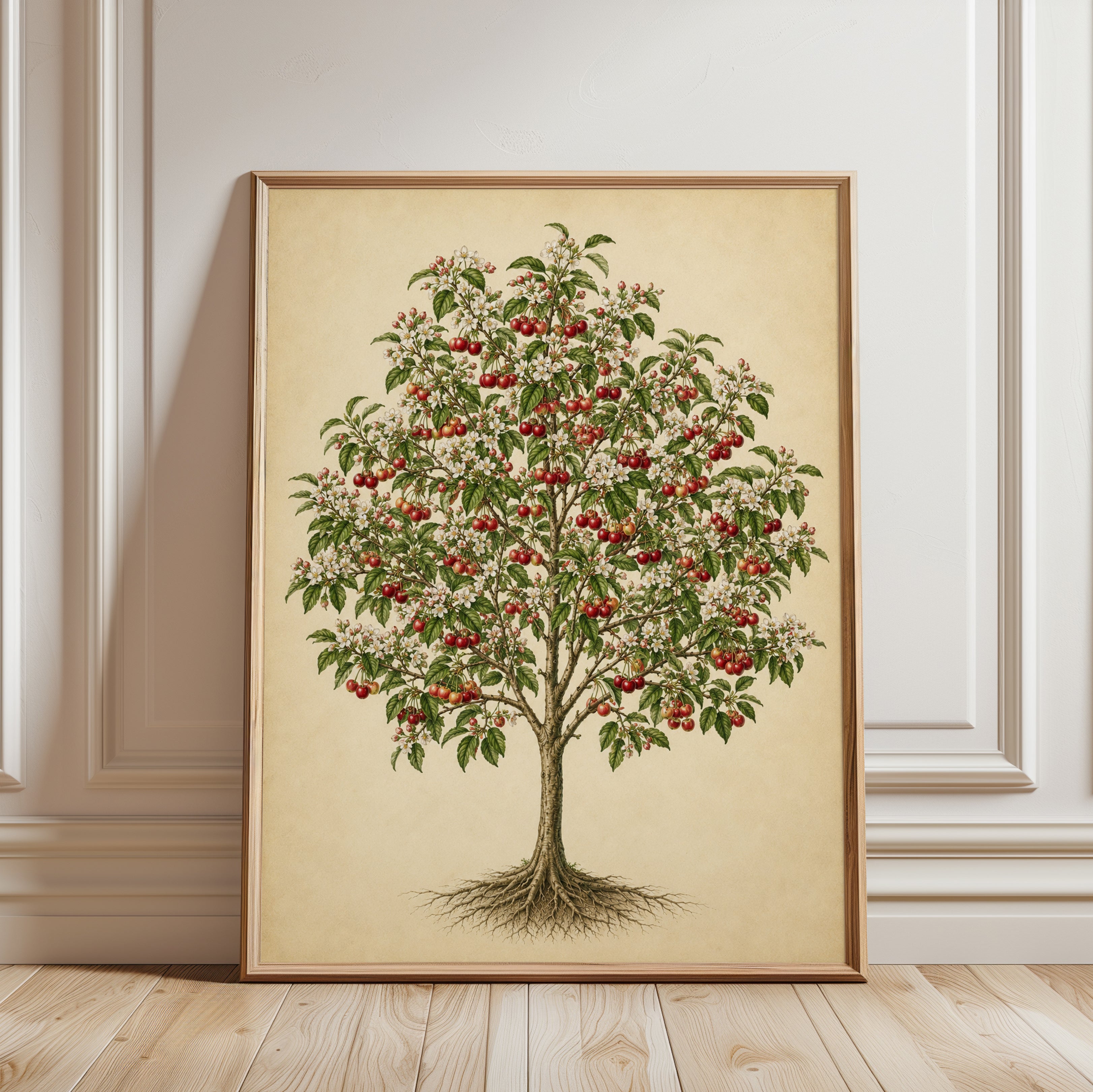 Cherry Tree Botanical Print: Vintage Fruit Tree Illustration - framed detail