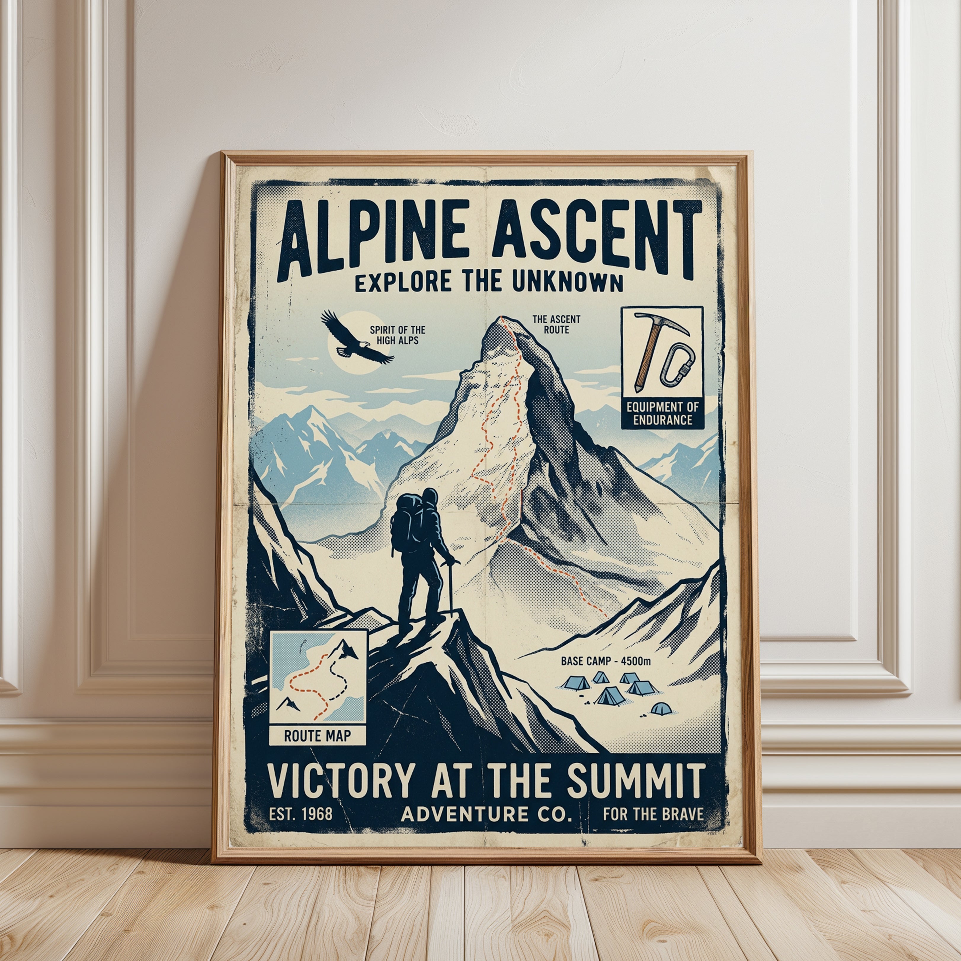 Vintage Alpine Climbing Poster — Retro Mountain Adventure Print - framed detail